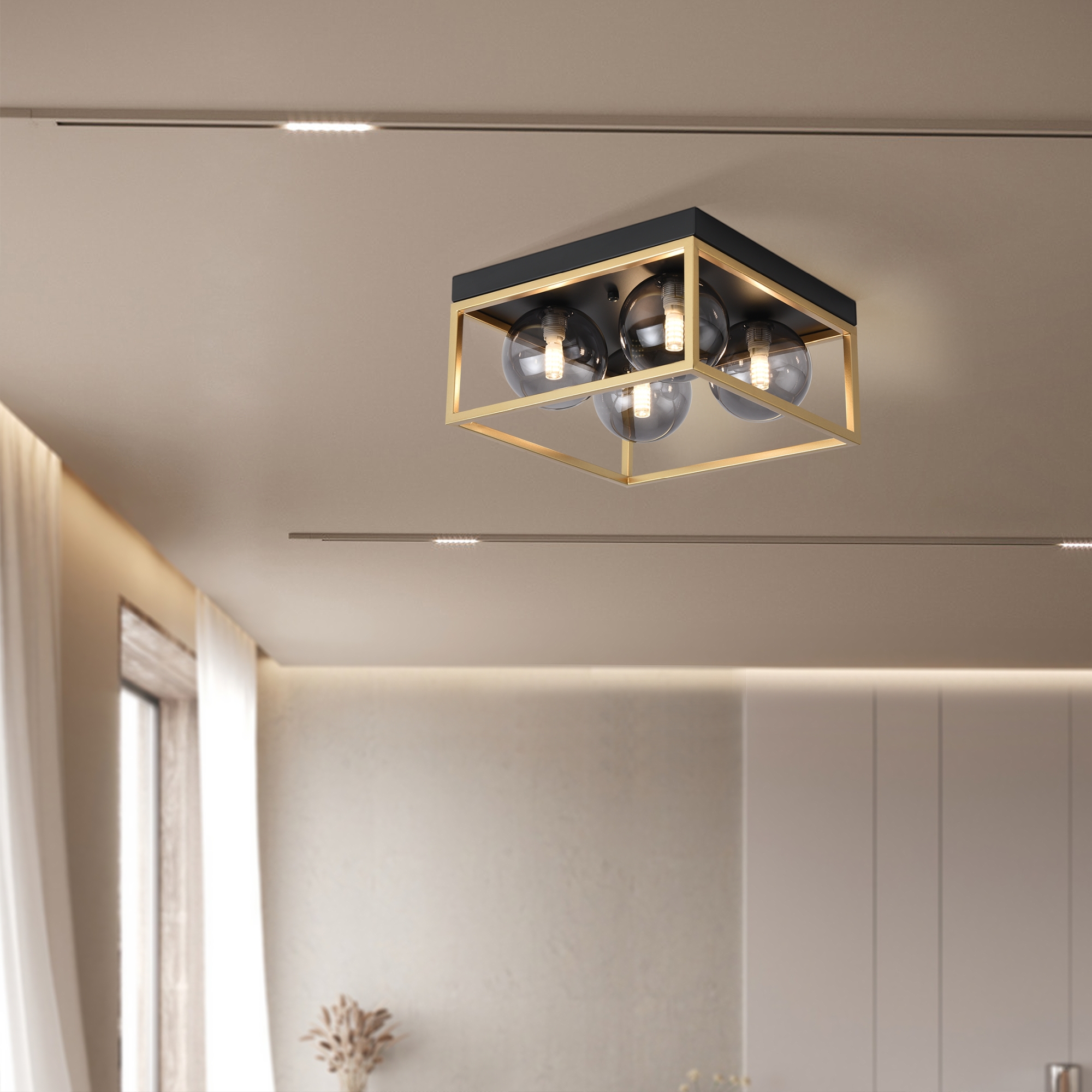 Image of Plafoniera Widnes con 4 Paralumi Sferici e Telaio Rettangolare color Oro lux.pro