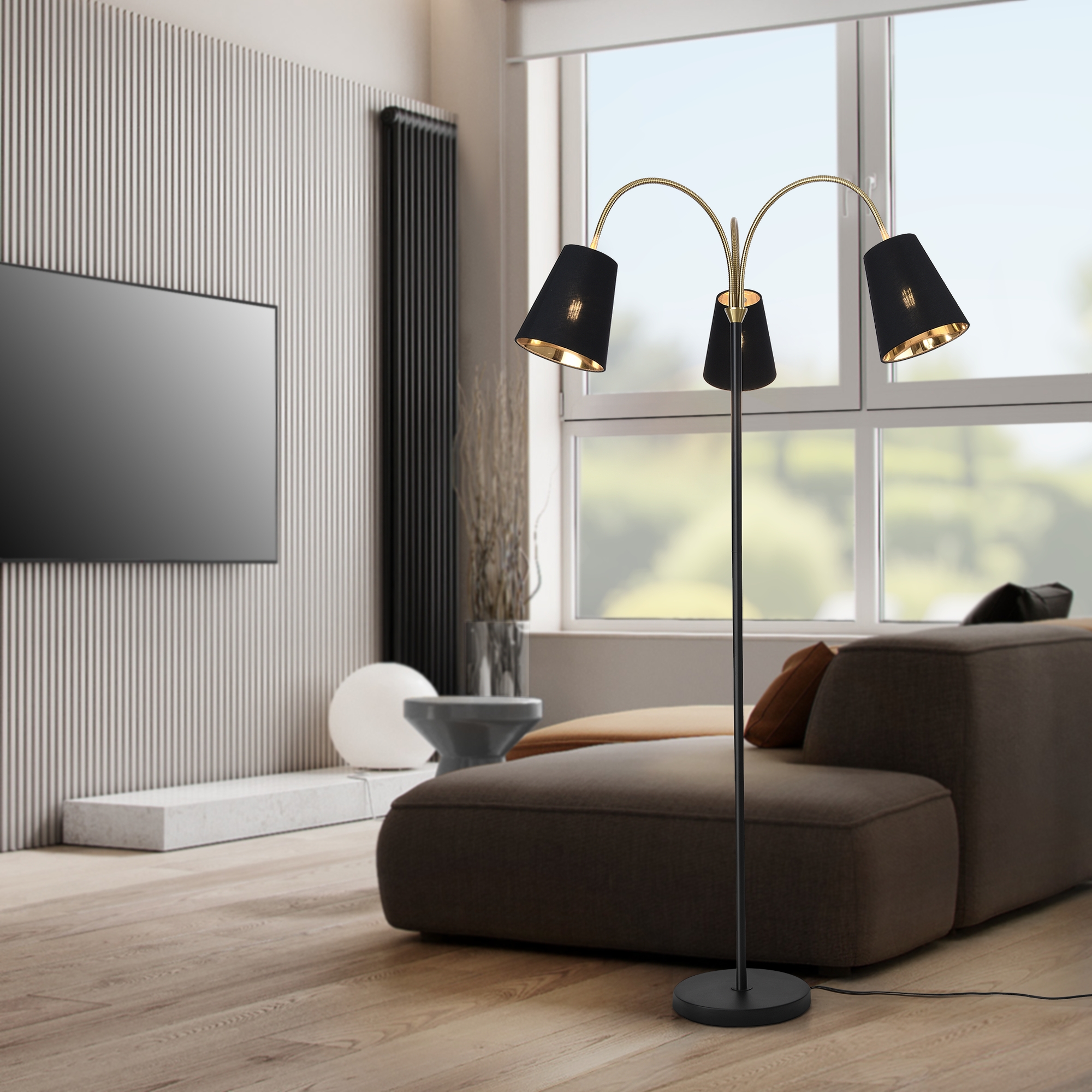 Image of Lampada da Terra Wycombe Bracci Flessibili e 3 Paralumi Conici - Nero / Dorato lux.pro