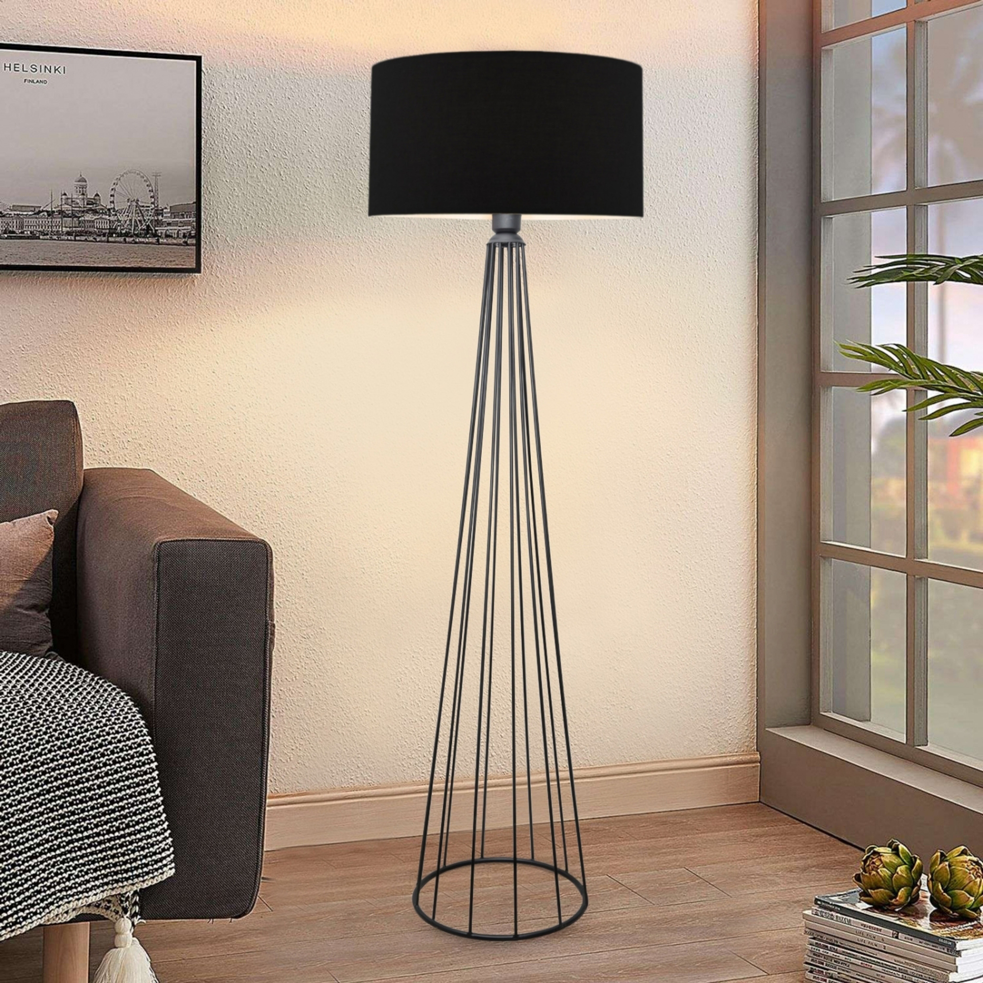 Image of Lampada da Terra &#39;Neath&#39; Altezza 155 cm - Piantana con Paralume Cilindrico in Tessuto Lampada a Stelo in Metallo -