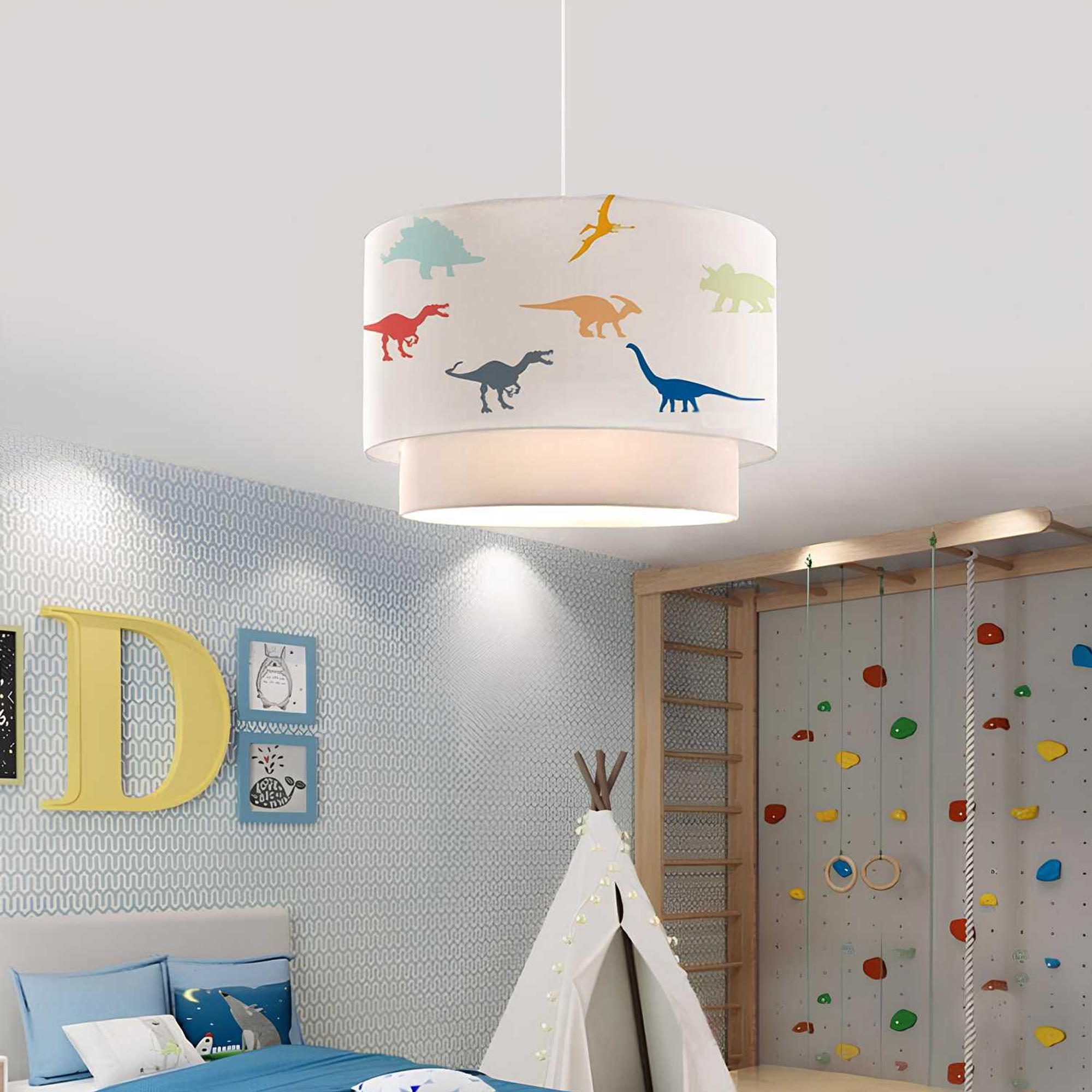 Lampada a Sospensione Lurgan per Cameretta Decorato con Dinosauri Colorati - Bianco lux.pro