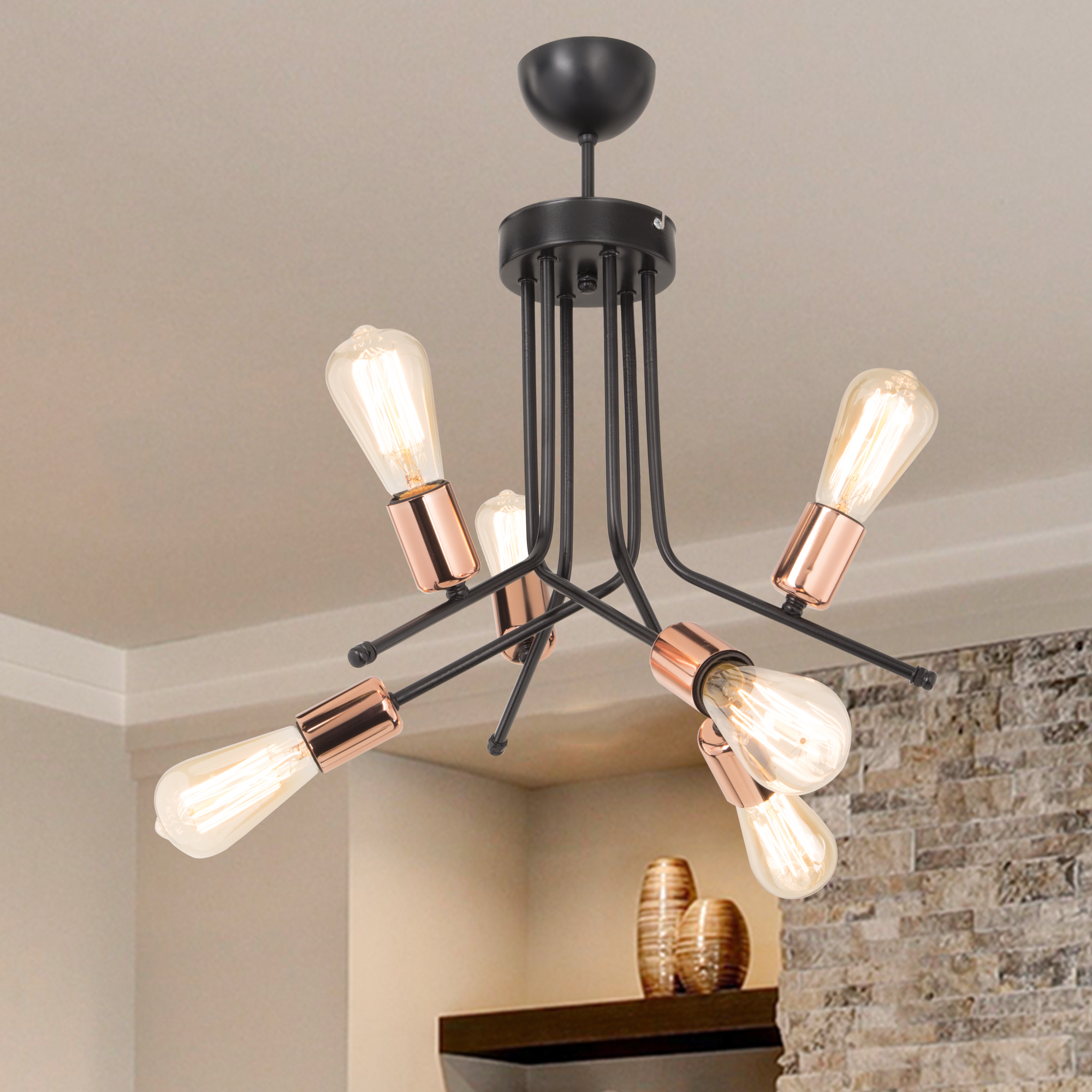 Plafoniera 'Halesowen' a 6 Fonti di Luce - Lampadario in Metallo Senza Paralume - Nero/Rame [lux.pro]