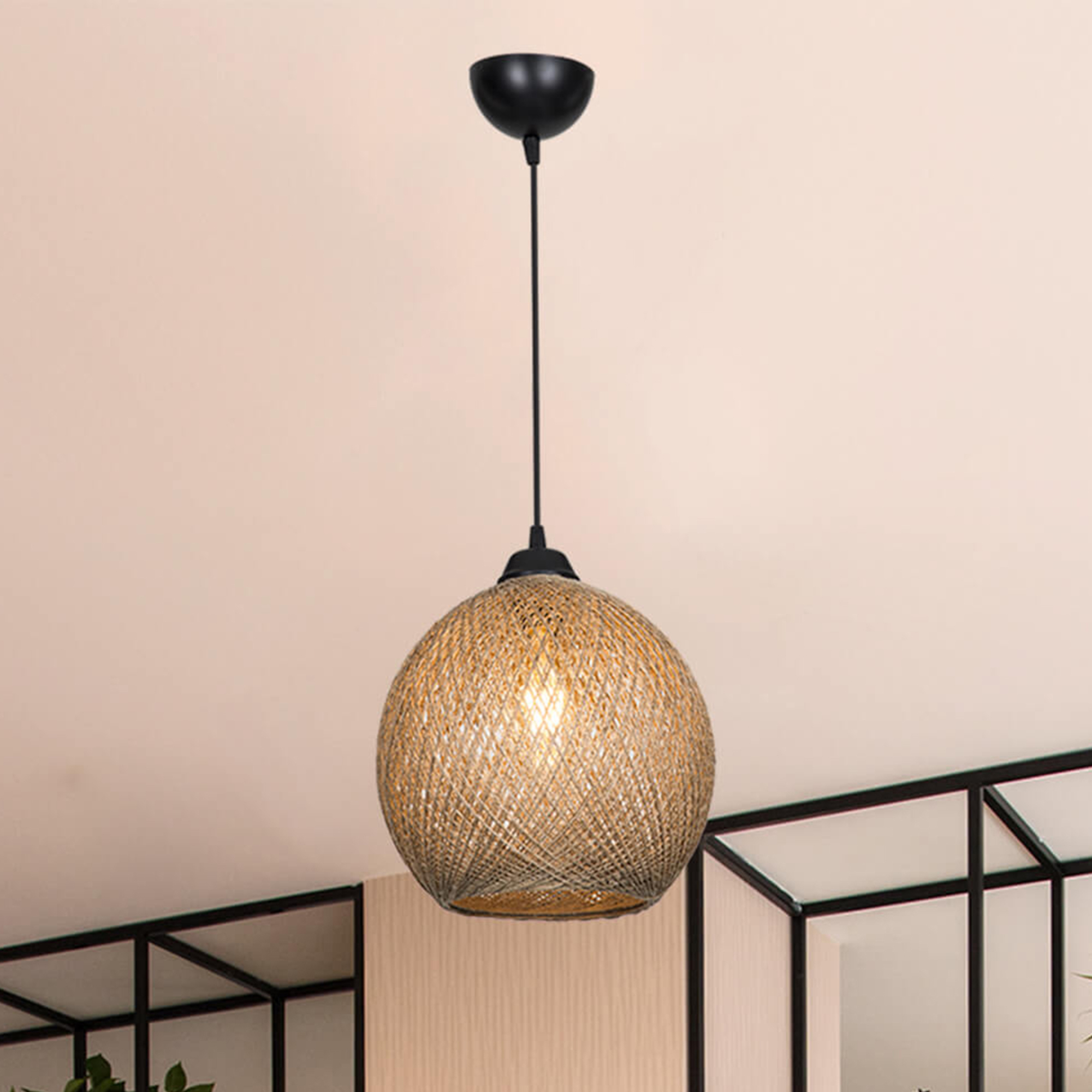 Lampada a Sospensione 'Lisburn' con Paralume a Globo in Iuta - Nero/Naturale [lux.pro]