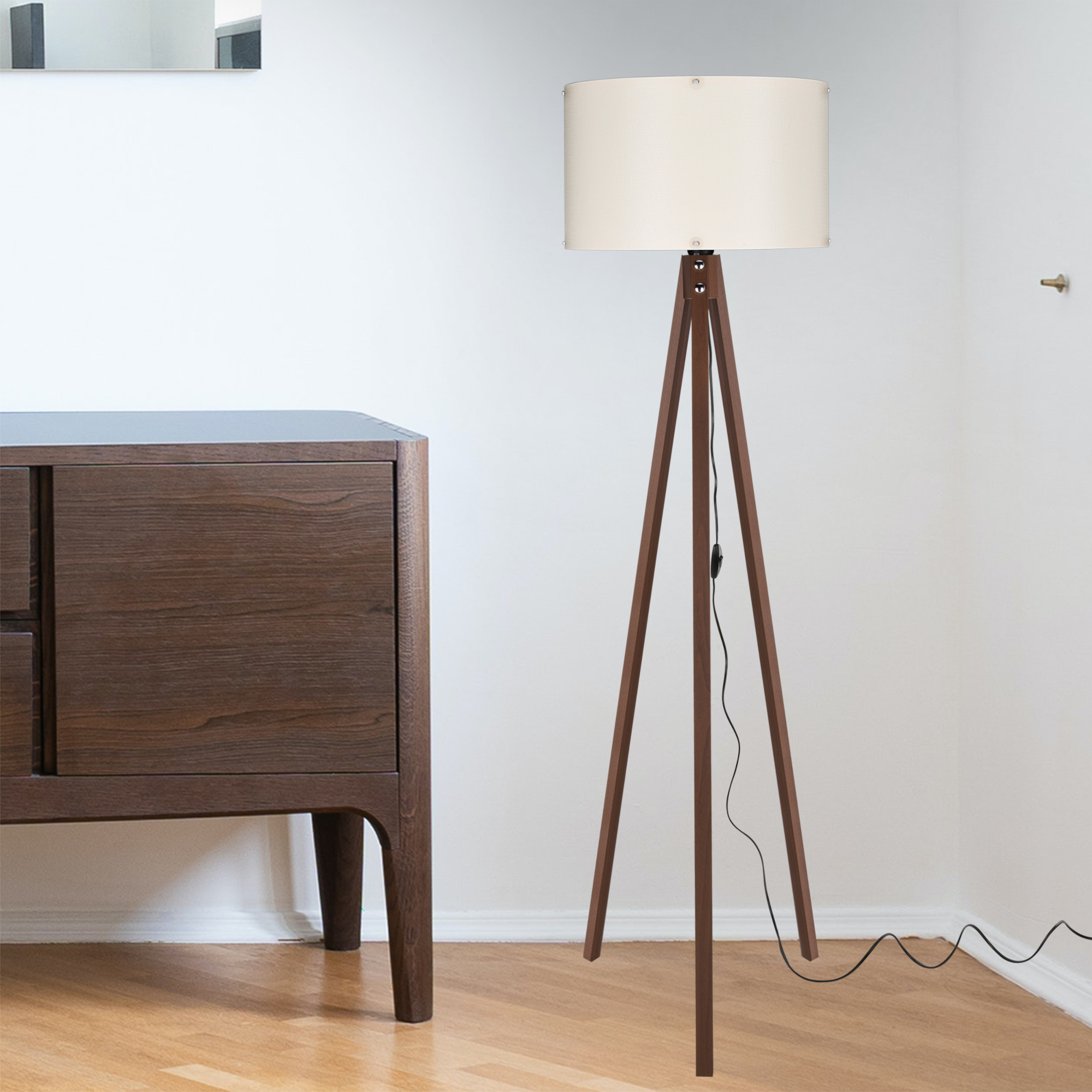Lampada da Terra 'Guildford' a Treppiedi con Paralume in Tessuto/PVC Piantana - color Noce/Crema [lux.pro]