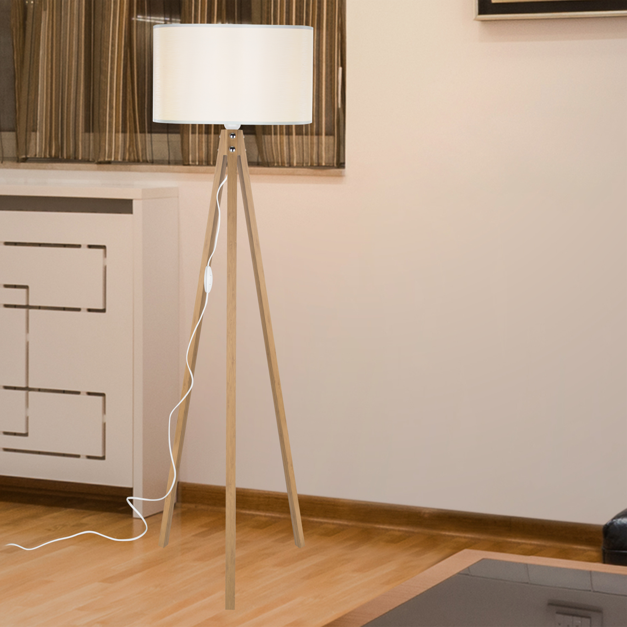 Lampada da Terra 'Rochester' a Treppiedi con Paralume in Tessuto/PVC - effetto Bambù/Crema [lux.pro]