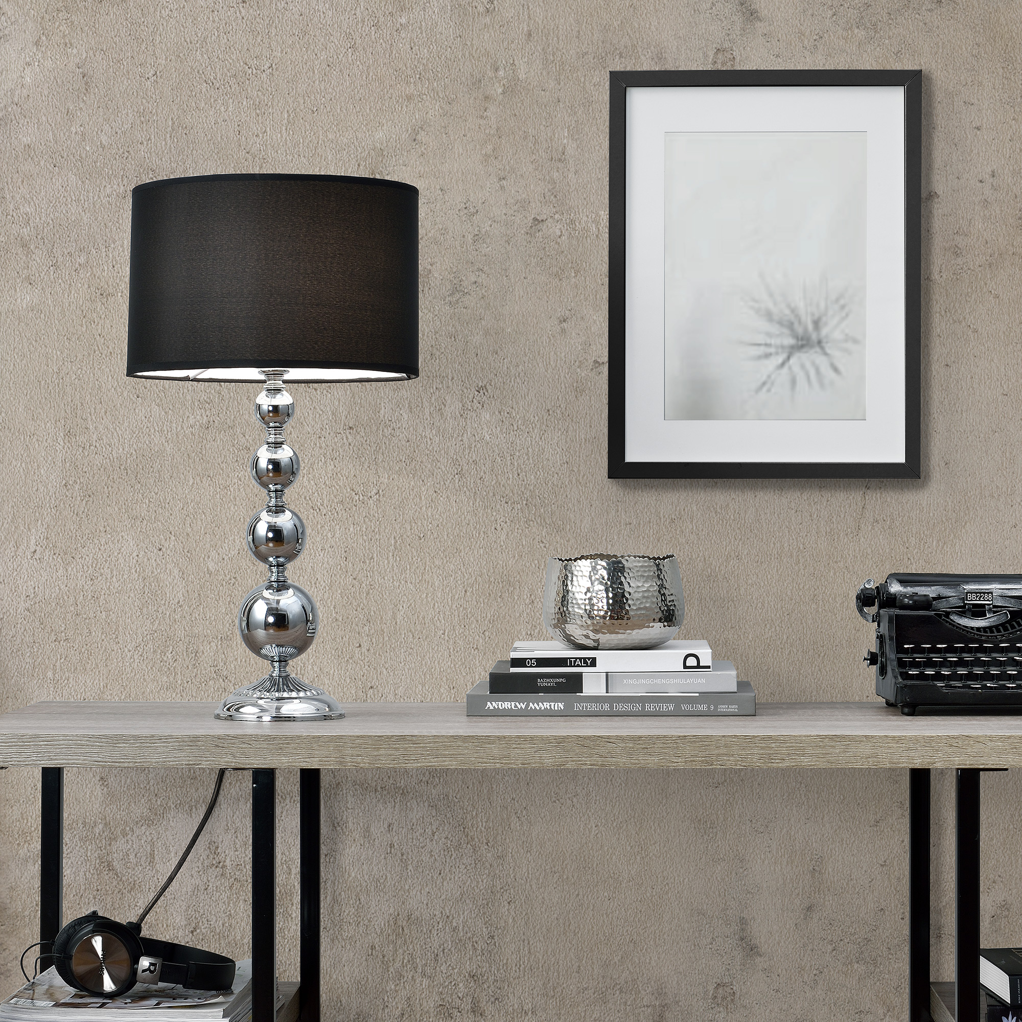 Image of Lampada da Tavolo San Francisco Paralume Cilindrico e Stelo Decorativo - Nero/Cromato lux.pro