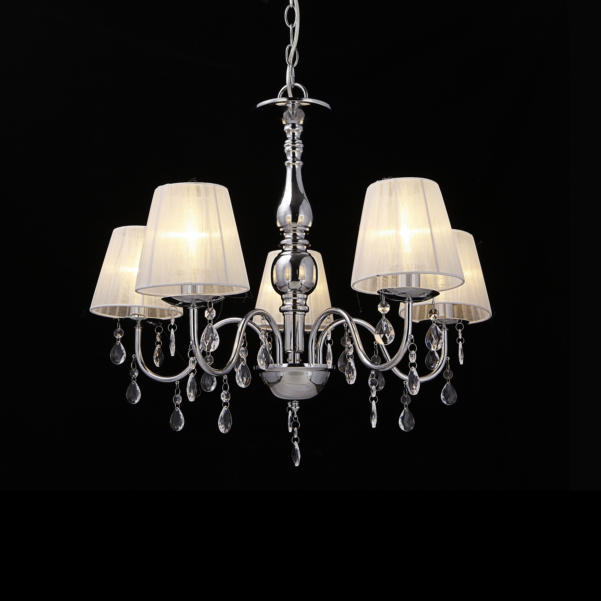 Lampada a Sospensione a 5 Bracci con Paralumi Conici e Cristalli Artificiali - Cromo / Bianco lux.pro