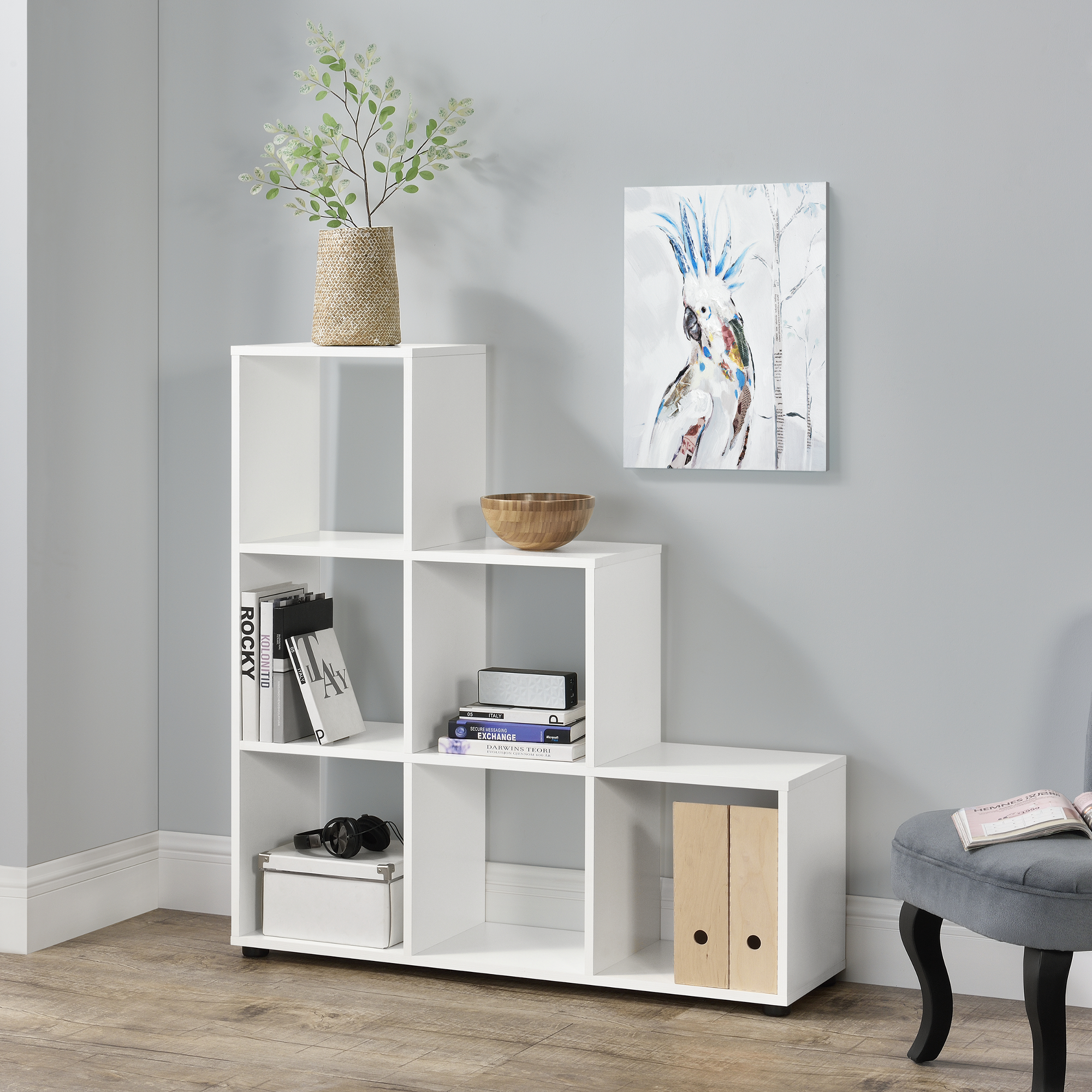 en.casa® Treppenregal 6 Fächer Weiß Raumteiler Stufenregal Bücherregal Regal