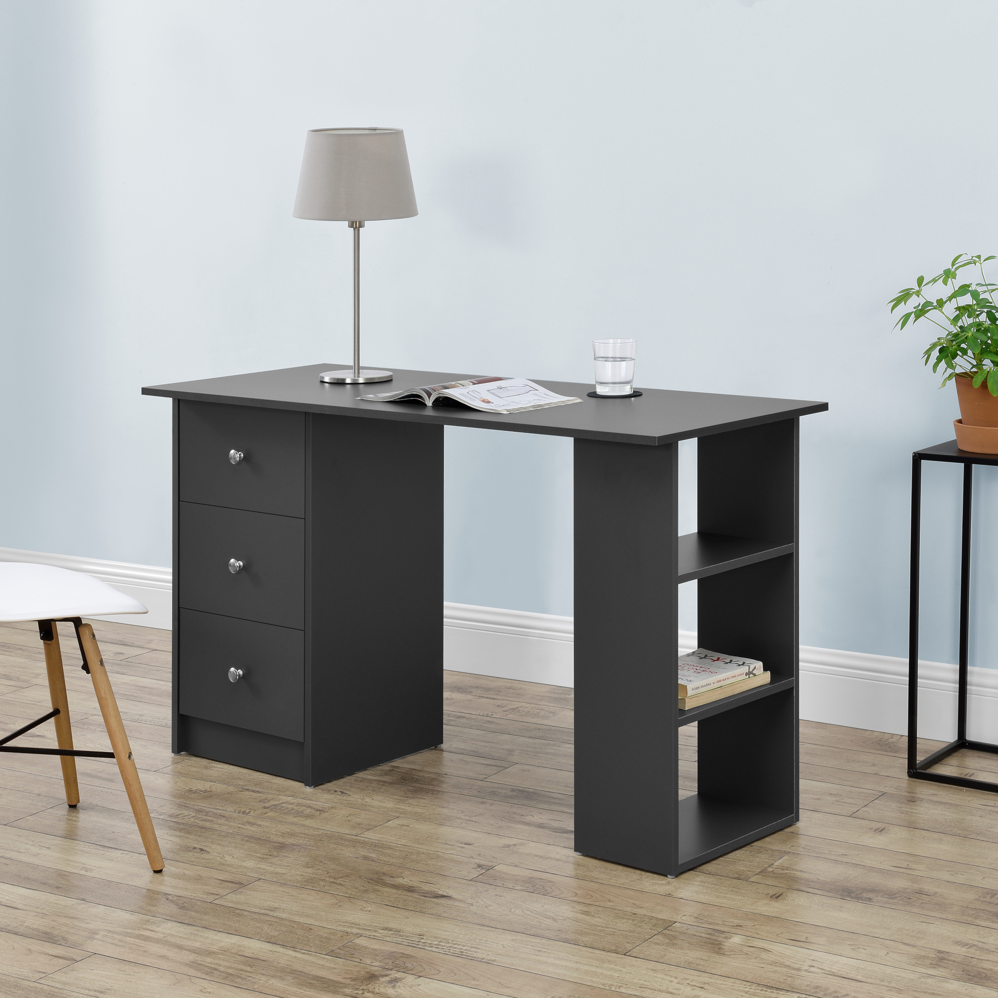 En. Casa Desk 120x50x72cm Grey office desk with drawers PC Table Shelf