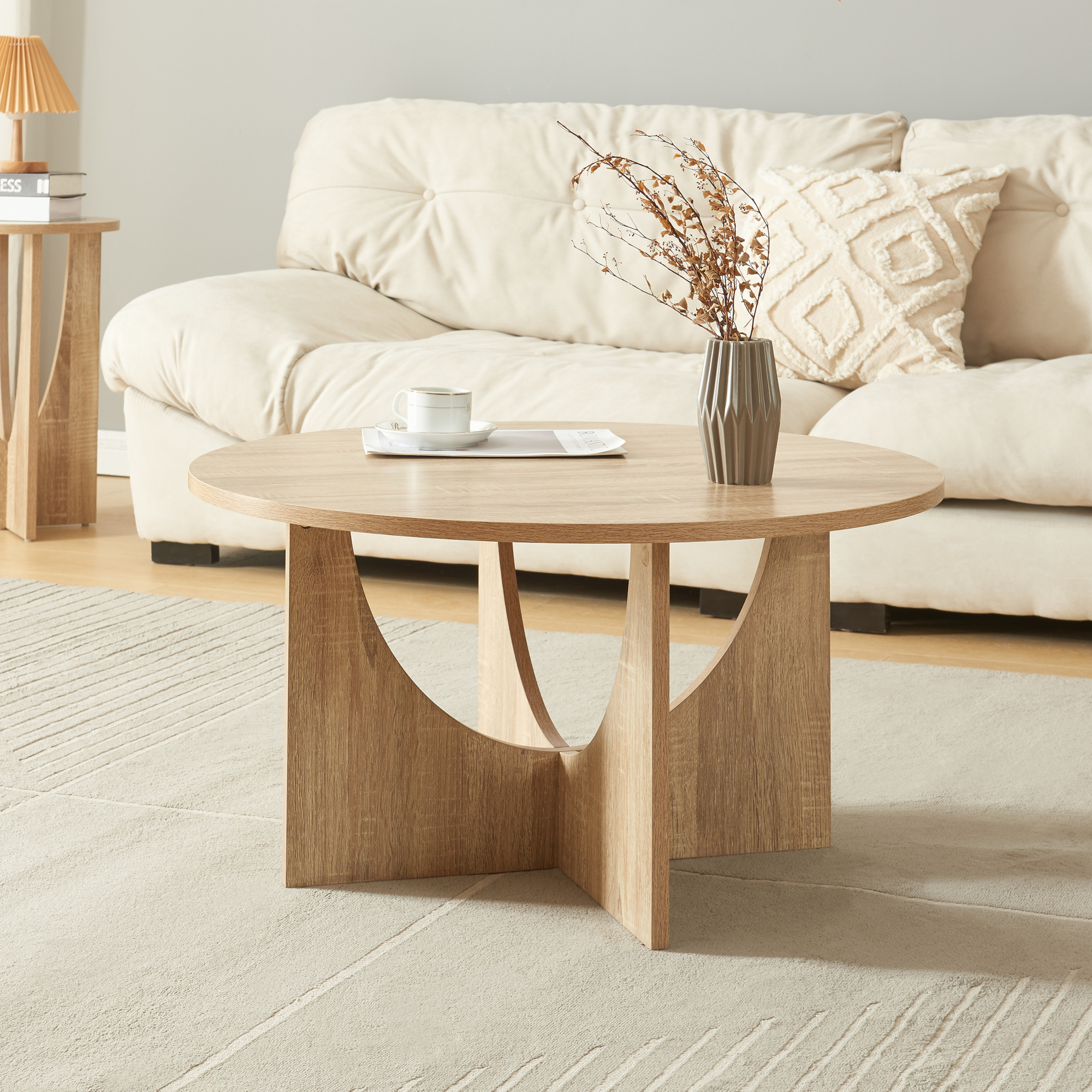 Tavolino da Caffè Rindal con Piano Rotondo - Effetto Rovere [en.casa]