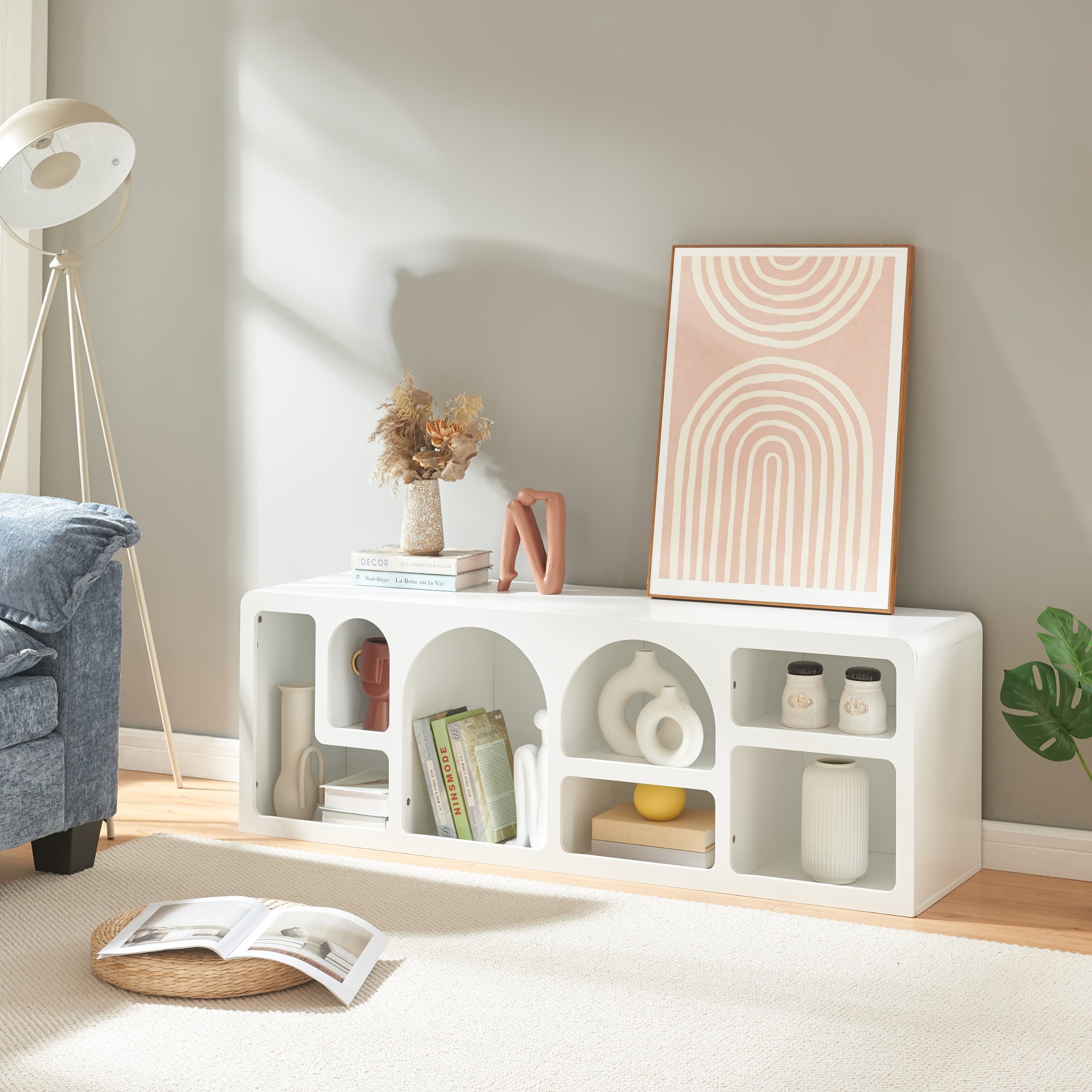 Mobile TV Vågå con 7 Scomparti Geometrici 140x40x48 cm Bianco [en.casa]