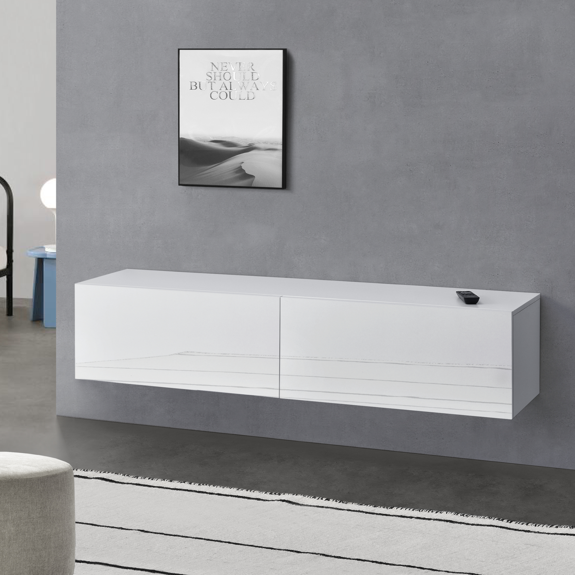Mobile Pensile Porta TV Evaton da Parete 140 x 33 x 30 cm - Bianco Lucido [en.casa]