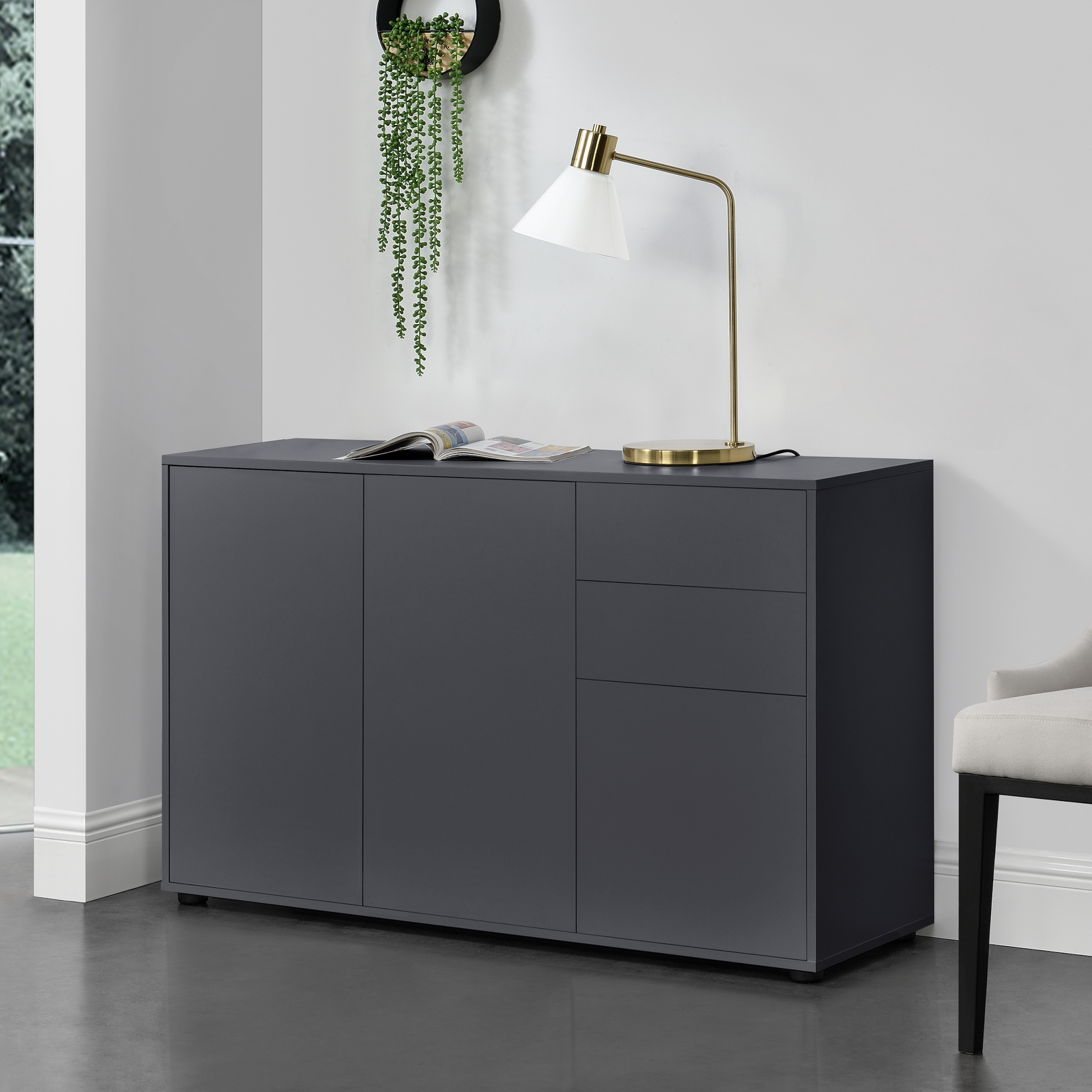 Credenza Paarl Comò con 2 Cassetti e 3 Ante per Soggiorno Camera da Letto - Grigio Scuro Opaco [en.casa]