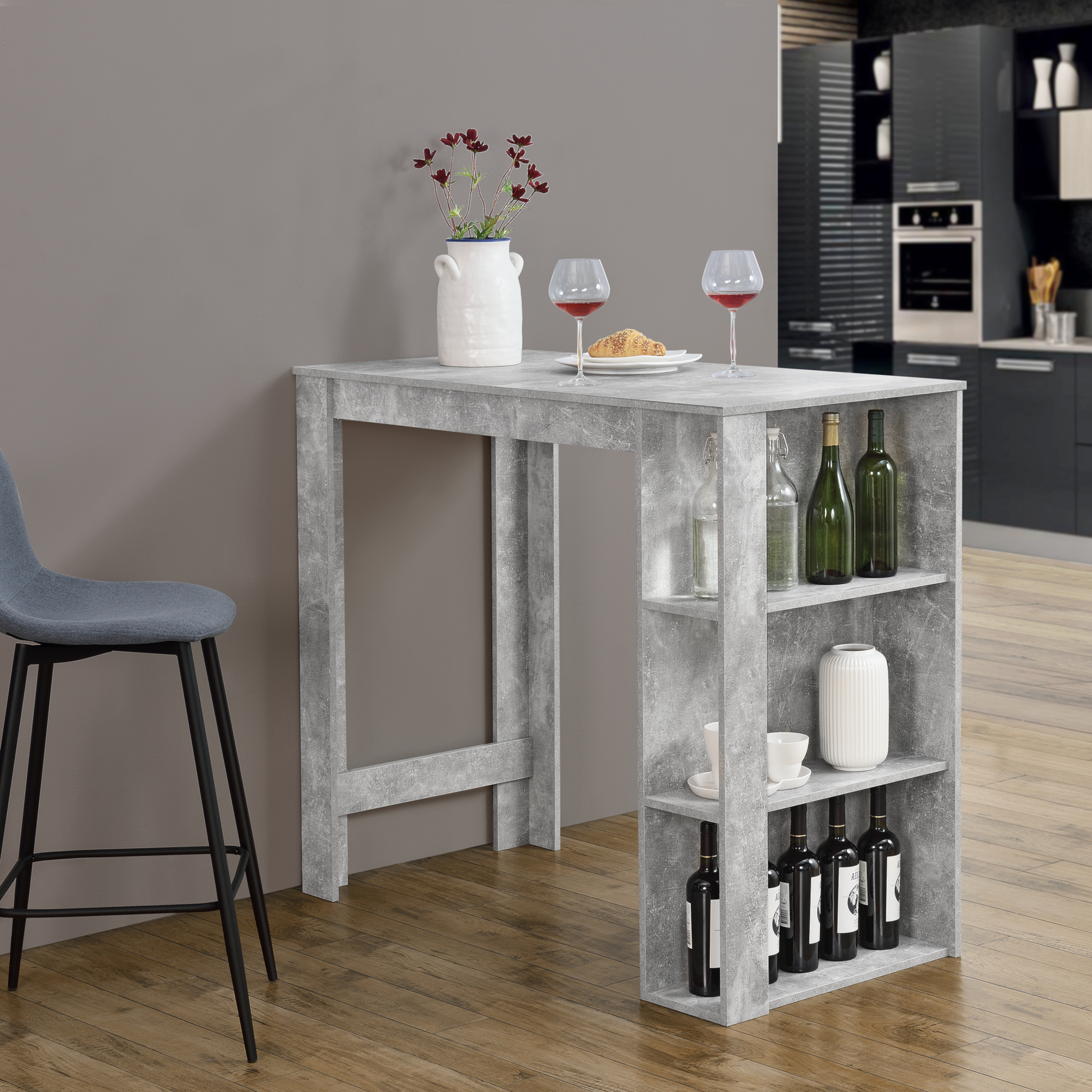 Bancone Tavolo Alto da Bar 120 x 60 x 105,5 cm Penisola Cucina con 3 Ripiani - Effetto Cemento