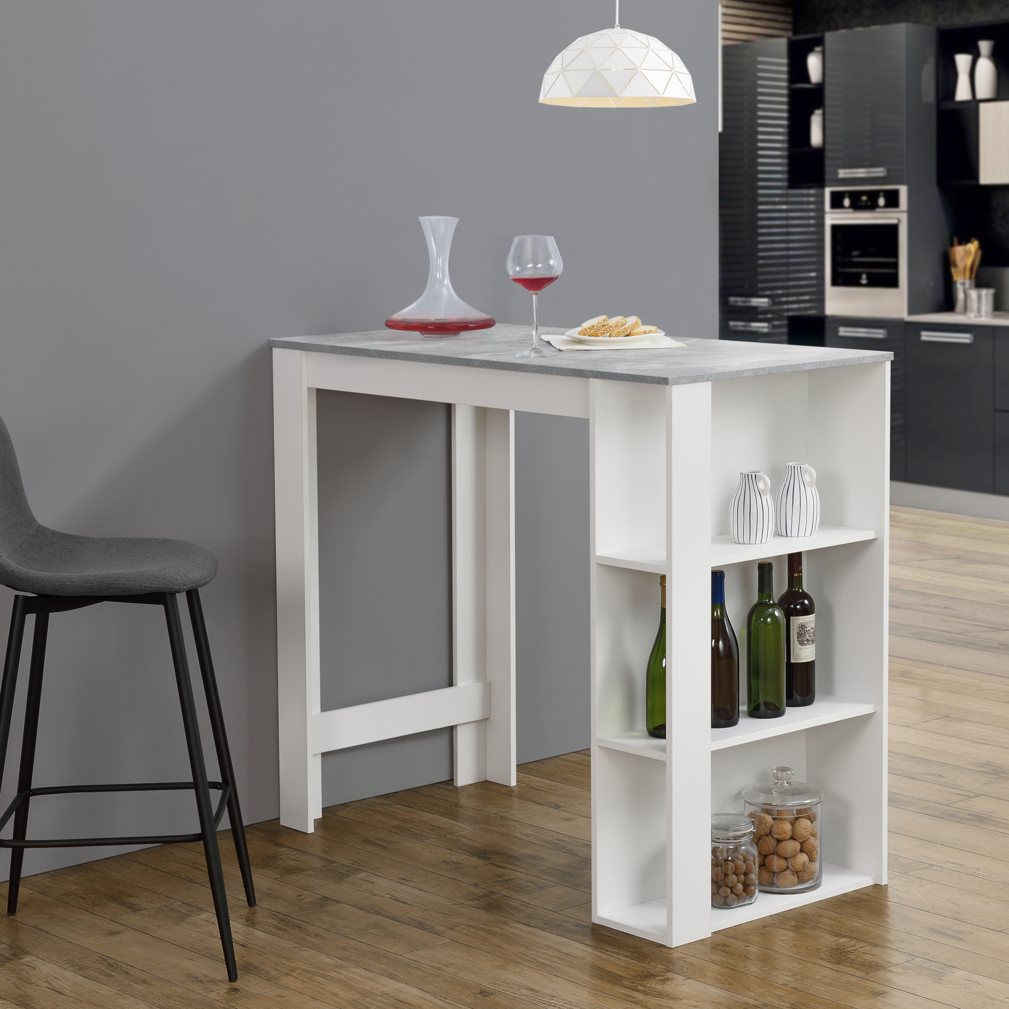 Bancone Tavolo Alto da Bar 120 x 60 x 105,5 cm Penisola Cucina con 3 Ripiani - Bianco/Effetto Cemento