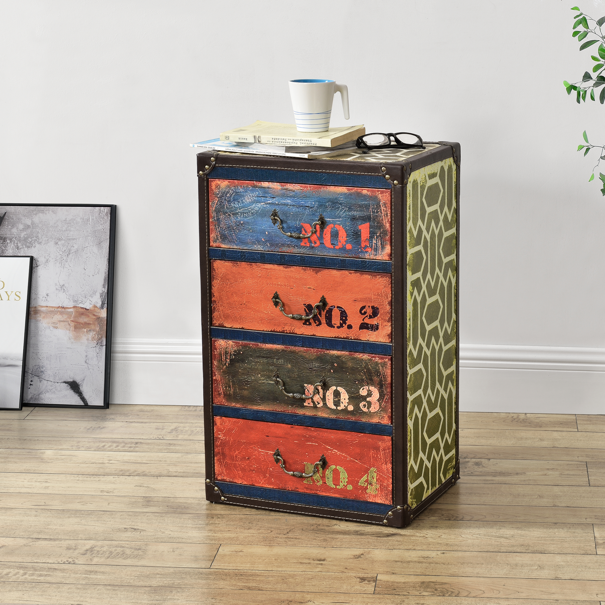 Comò con 4 Cassetti 66 x 40 x 30 cm Cassettiera in Stile Industriale / Vintage Comodino Multicolore con Bordi Rivestiti