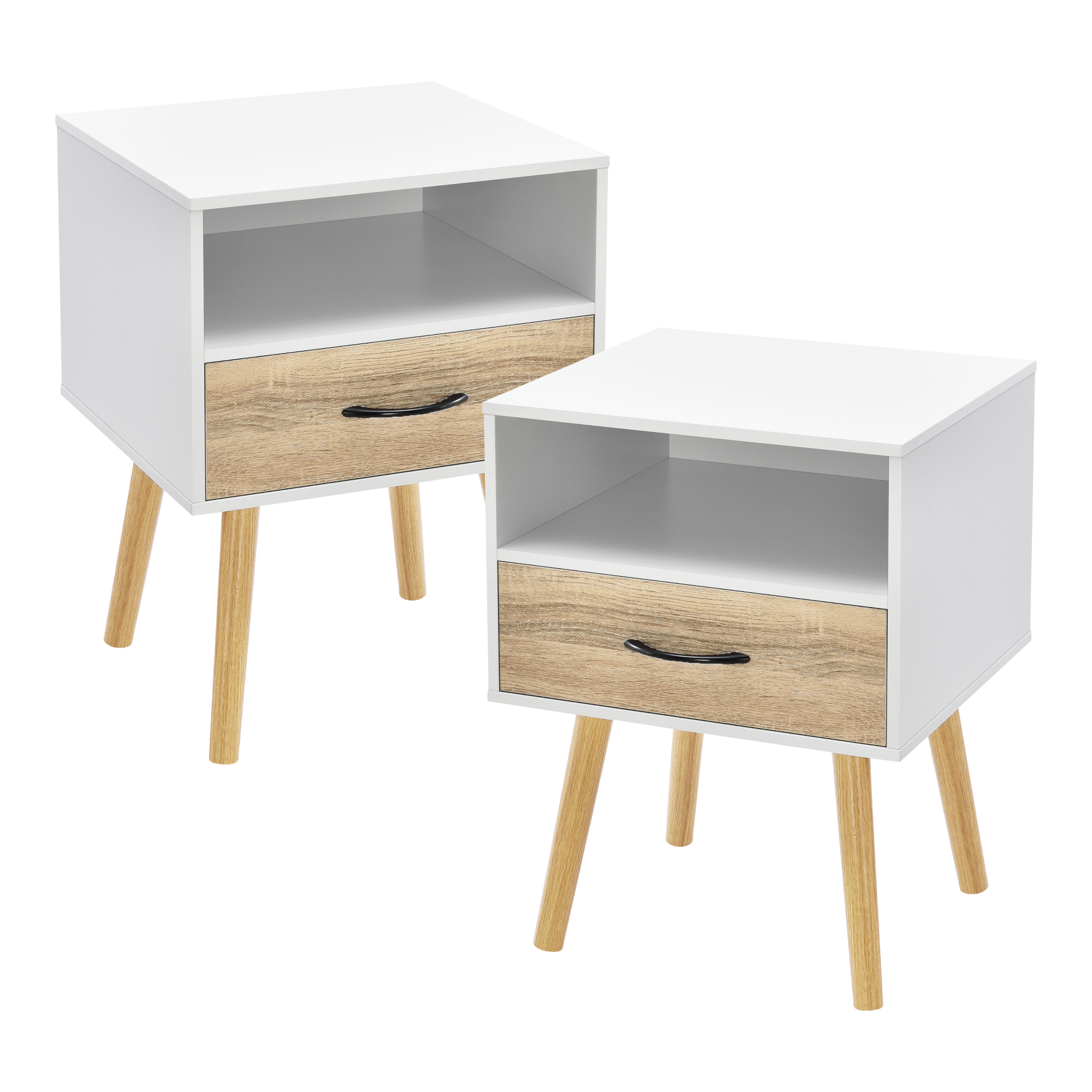 Set Gävle di 2 Comodini con Cassetto e Scomparto - Bianco / Effetto Rovere [en.casa]