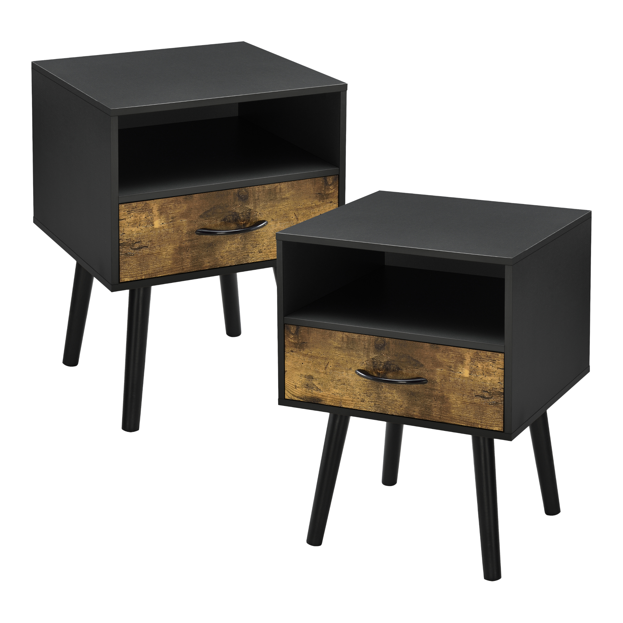 Set Gävle di 2 Comodini con Cassetto e Scomparto - Nero / Effetto Legno Scuro [en.casa]