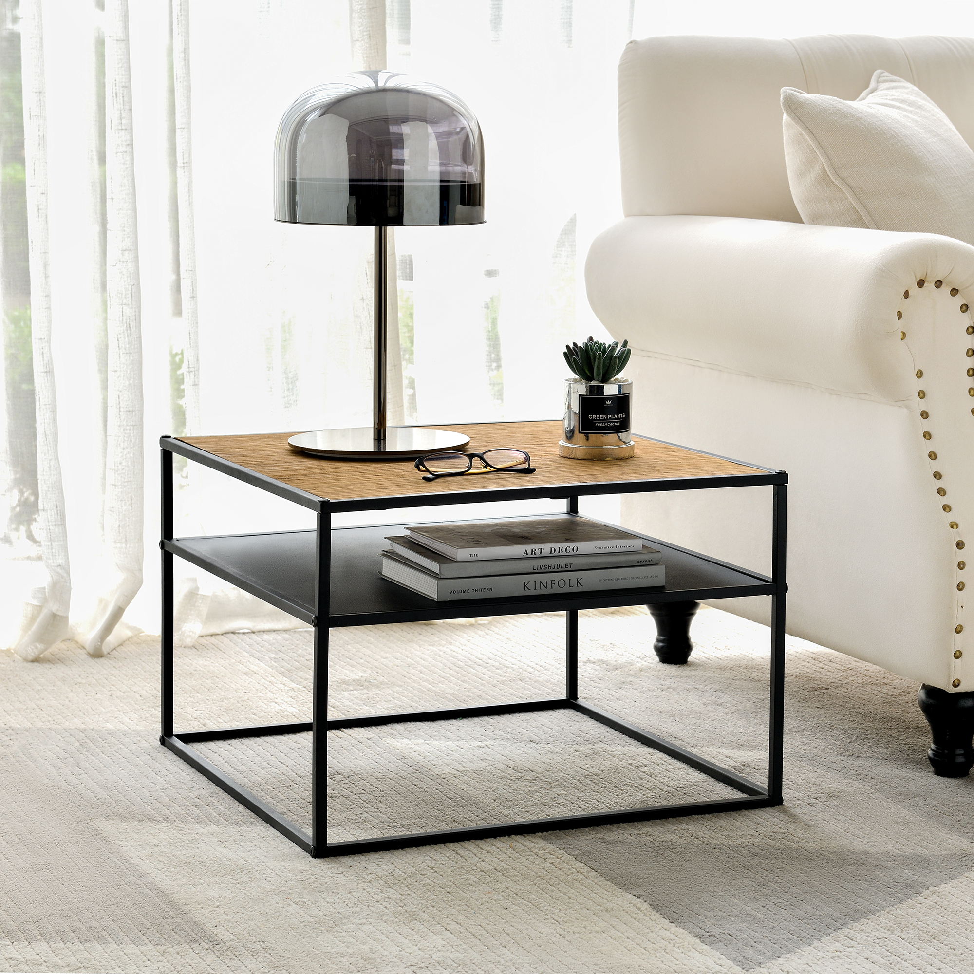 Tavolino da caffè 'Quinisut' Tavolino Basso con 2 Ripiani d'Appoggio - Color Legno / Nero [en.casa]