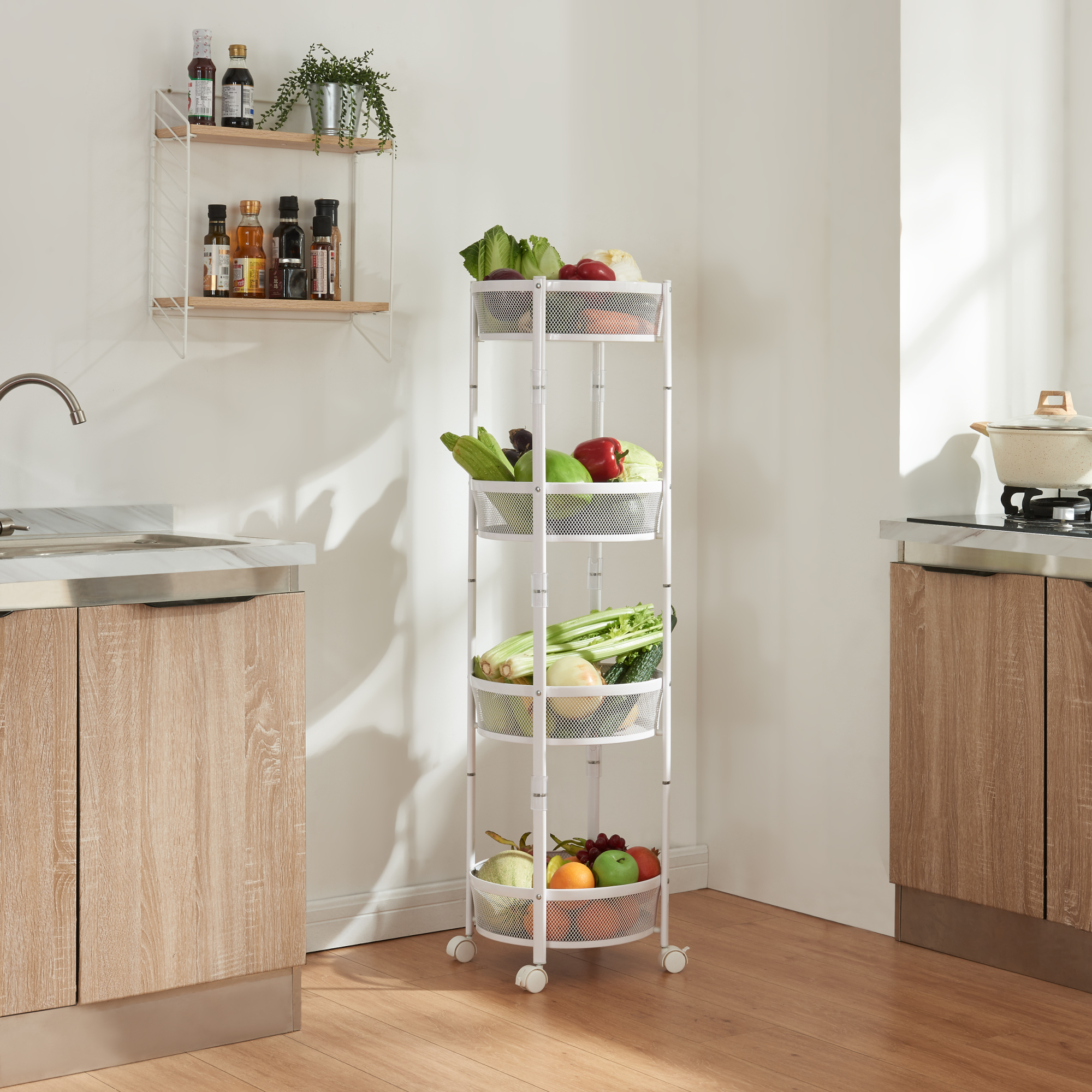 Carrello da Cucina Sørreisa con 4 Cestelli Telaio Pieghevole Bianco [en.casa]