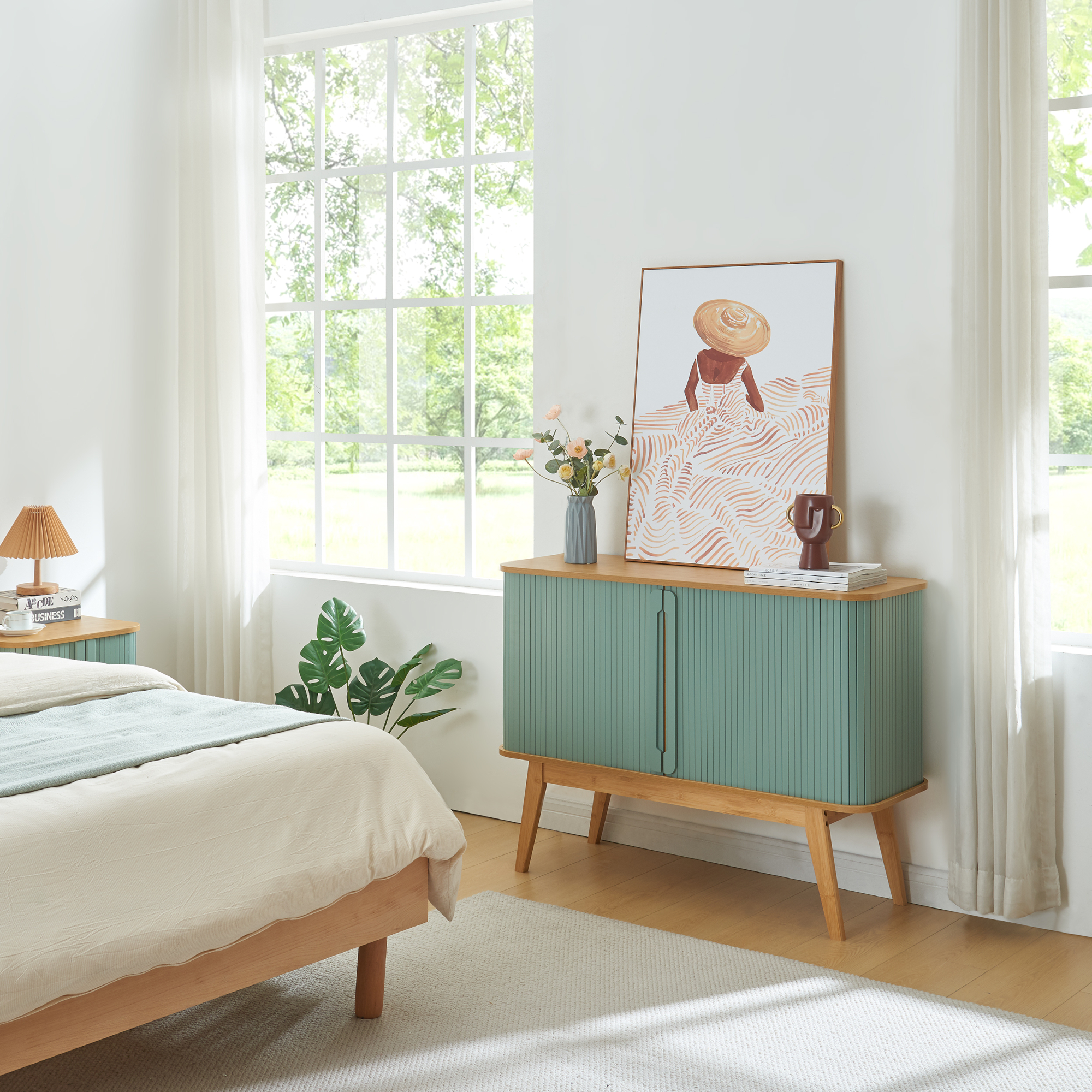 Comò Tysvær con 2 Ante Scorrevoli in Bambù - Naturale / Azzurro [en.casa]