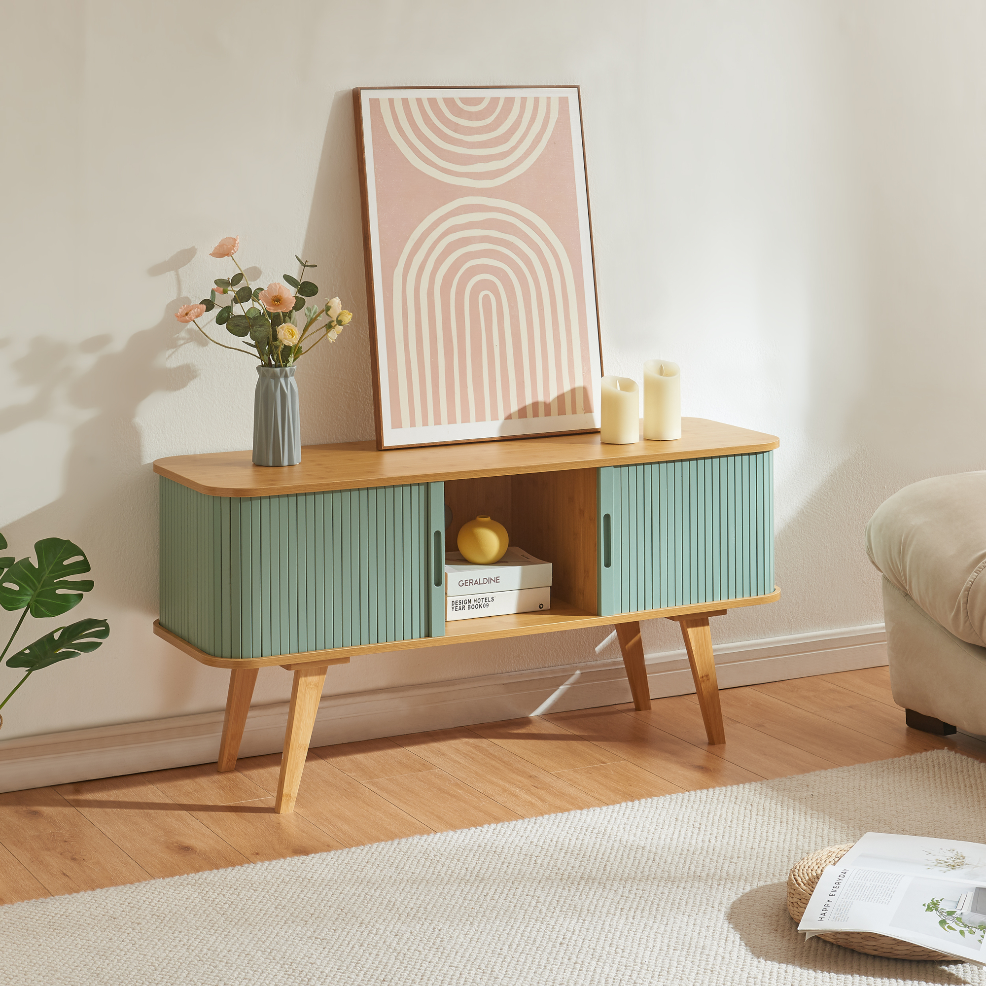 Mobile TV Tysvær in Bambù 120x40x58 cm Naturale / Azzurro [en.casa]