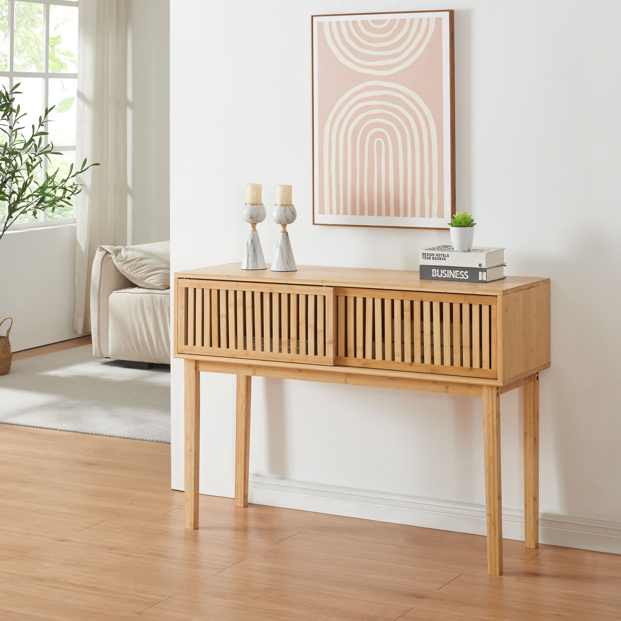 Tavolo Consolle Ypäjä in Bambù con Ante Scorrevoli 110 x 39 x 80,5 cm - [en.casa]