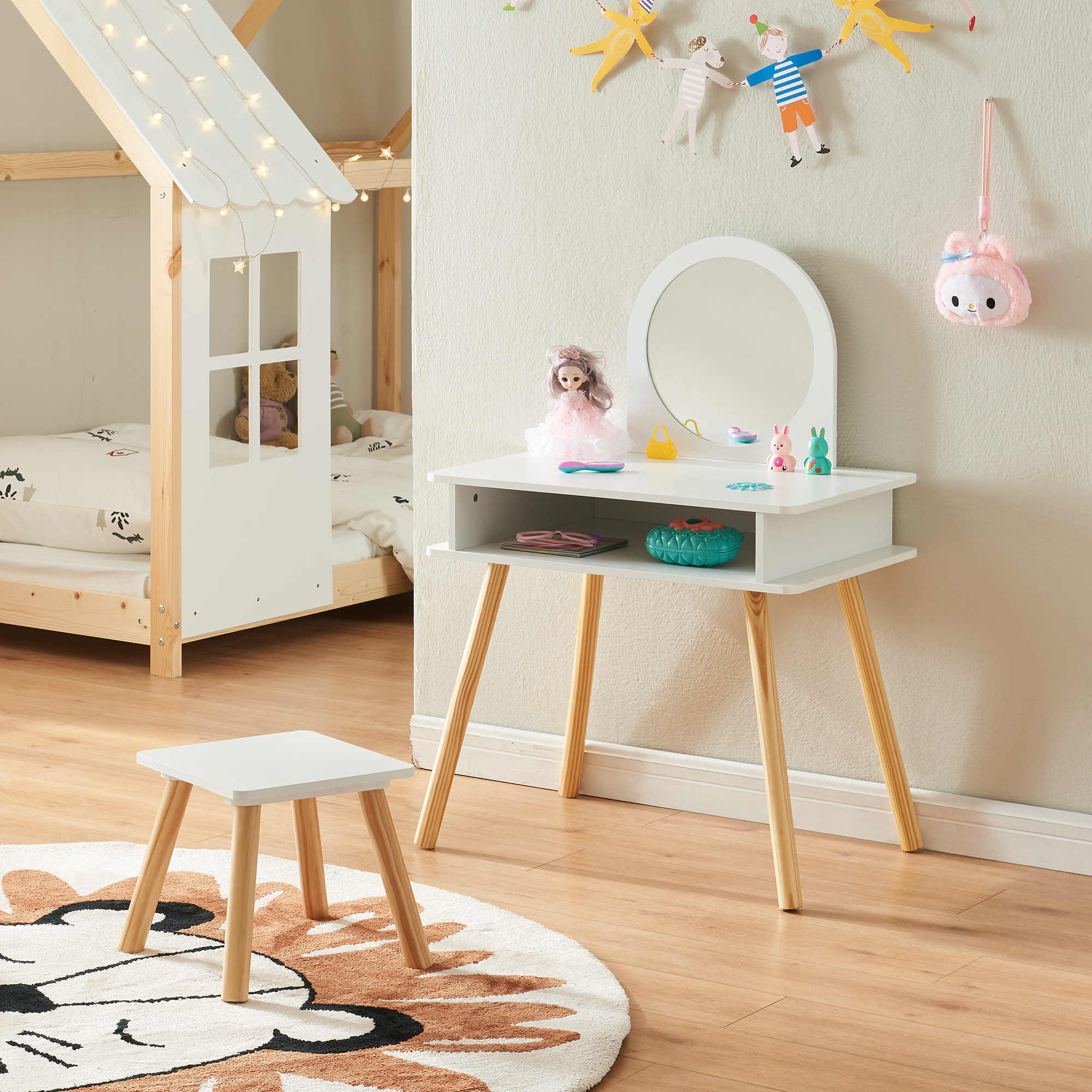 Set Ovanåker di Tavolo da Trucco e Sgabello per Cameretta - Bianco/Naturale [en.casa]