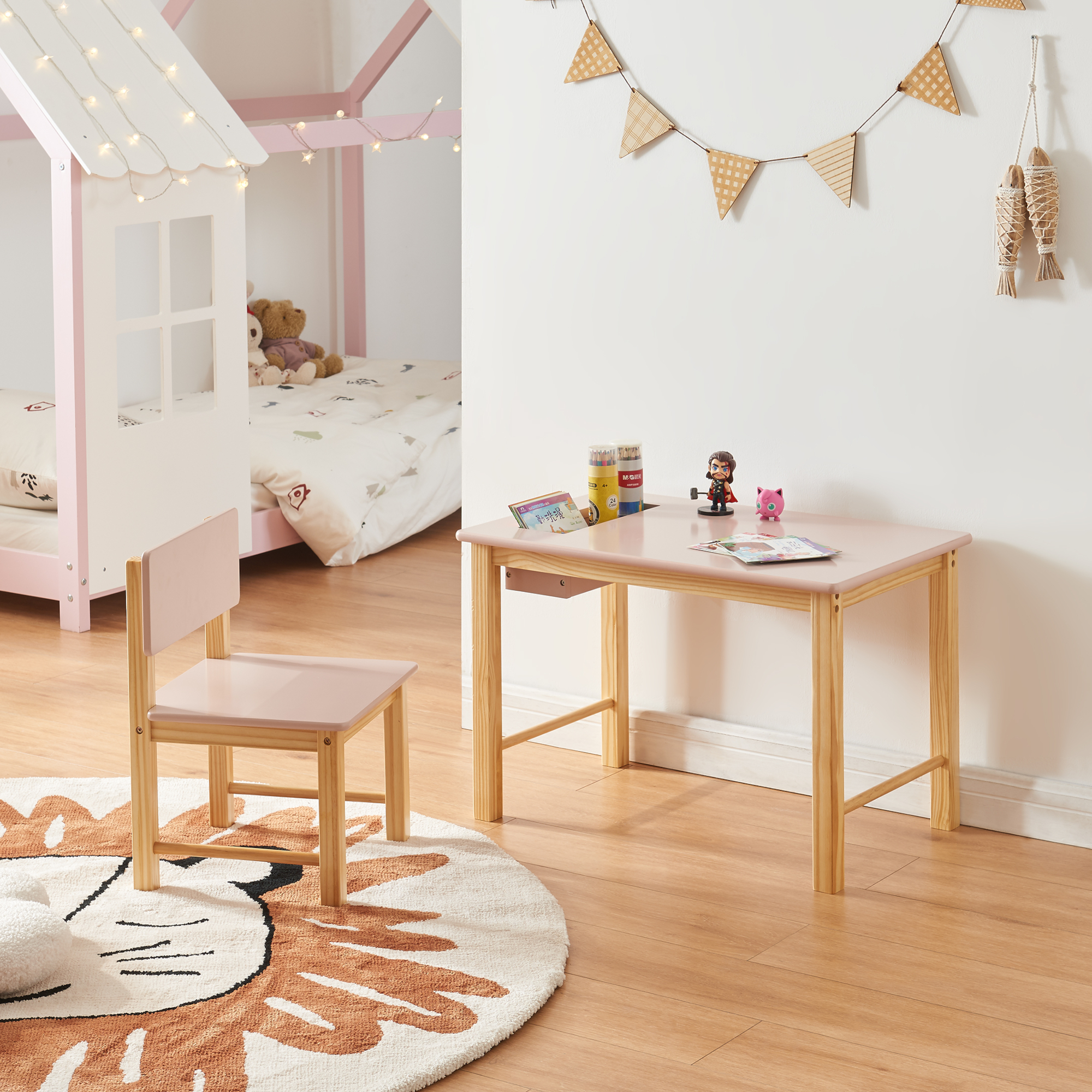 Set Skjåk Tavolo e Sedia per Bimbi - Legno Naturale / Rosa [en.casa]