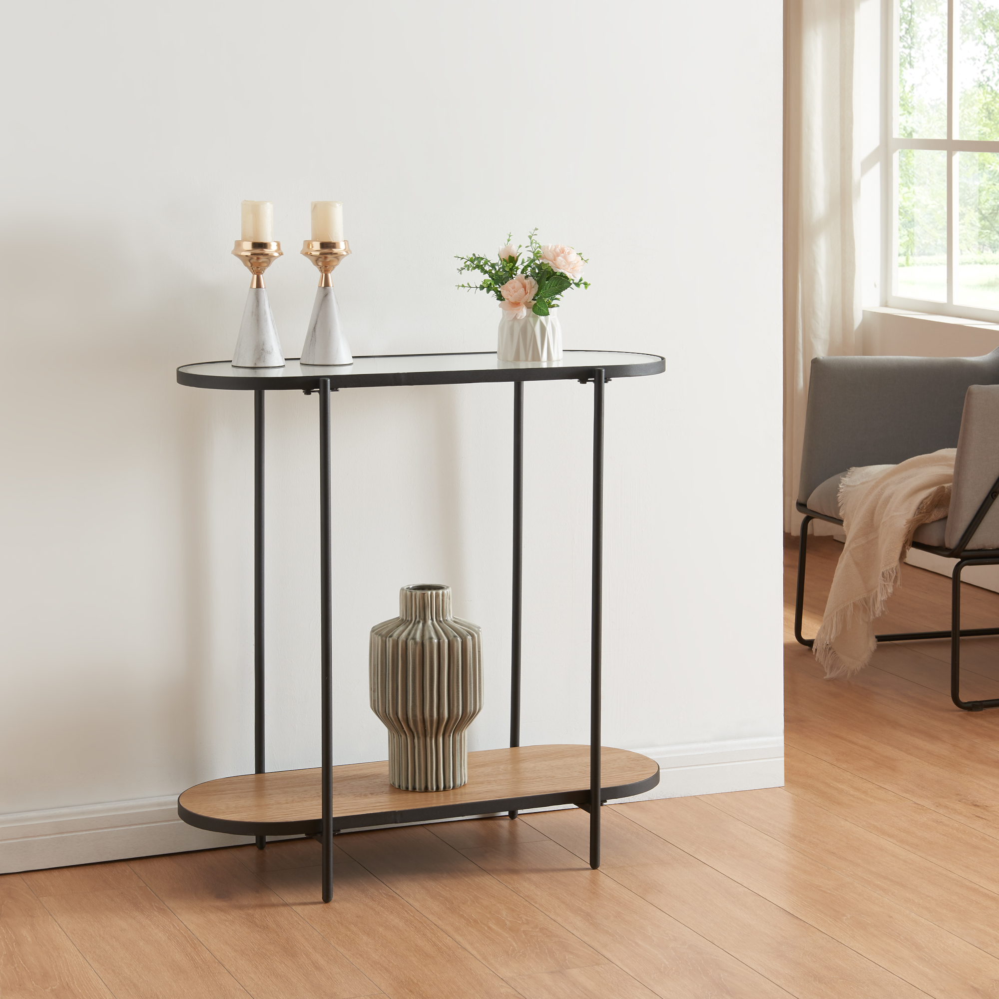 Image of Tavolo a Consolle Høyanger con 2 Piani Ovali in Vetro e MDF Effetto Rovere [en.casa]