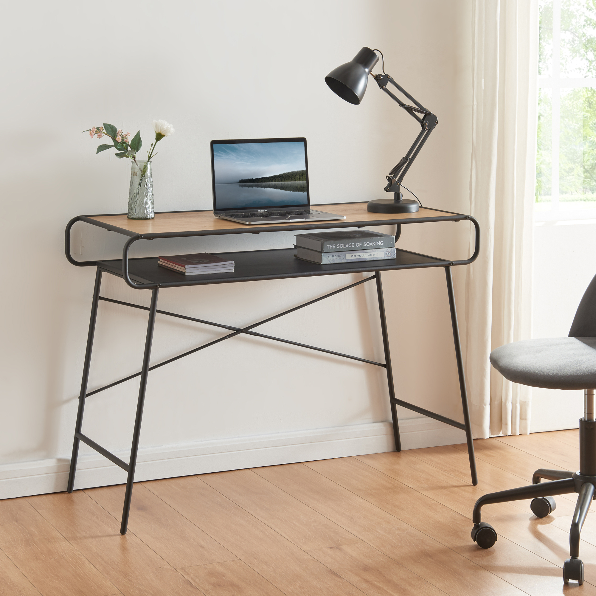 Scrivania Krødsherad con 2 Piani 76 x 106 x 46 cm Effetto Rovere / Nero [en.casa]