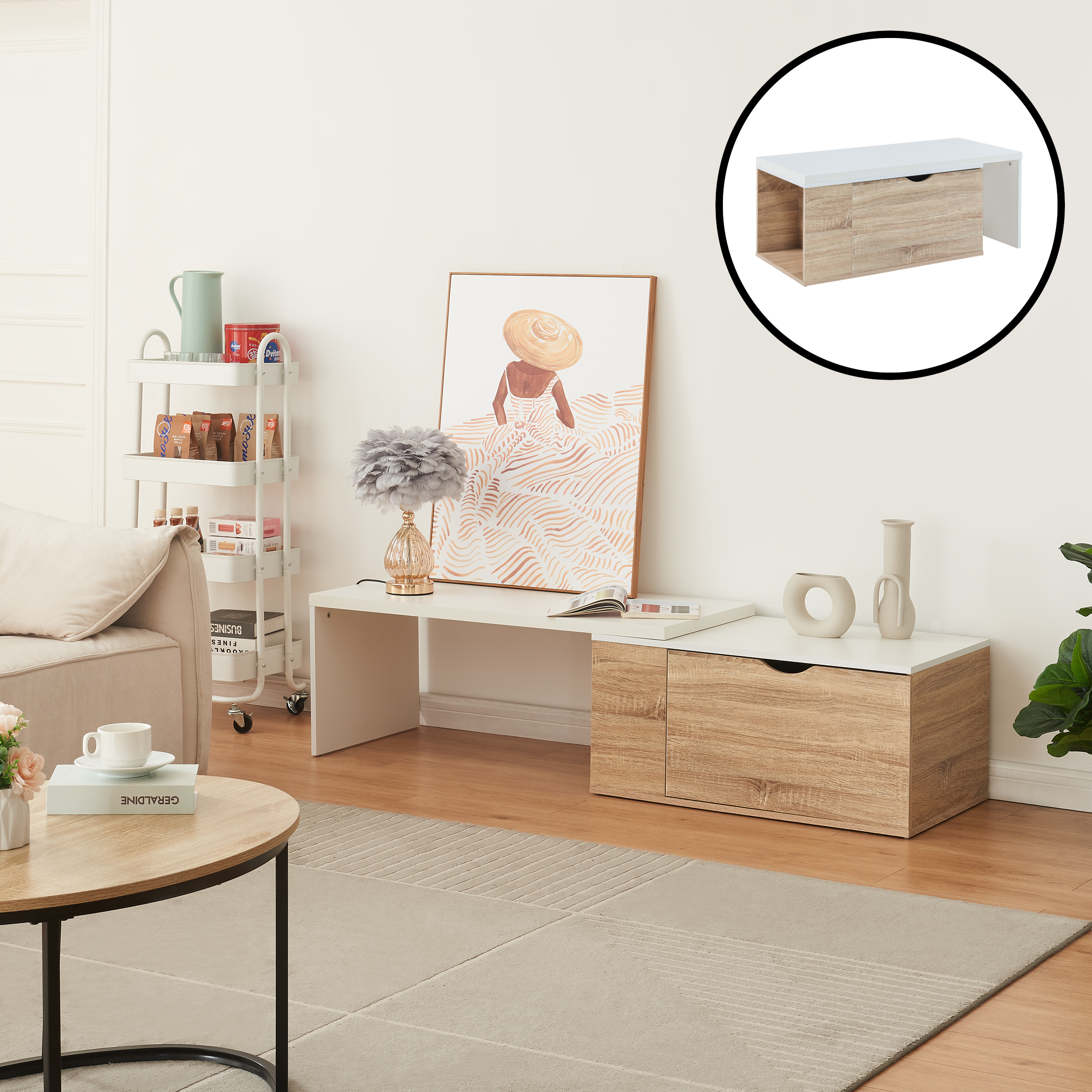 Tavolino Estensibile Österåker Mobile Basso con Anta a Ribalta - Effetto Legno / Bianco [en.casa]