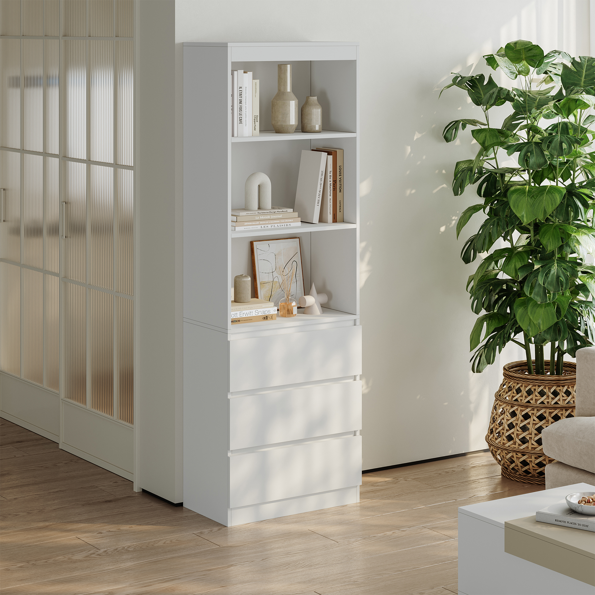 Libreria LES con 3 Scomparti e 3 Cassetti Scaffale Contenitore 180x60x35 cm Bianco [en.casa]