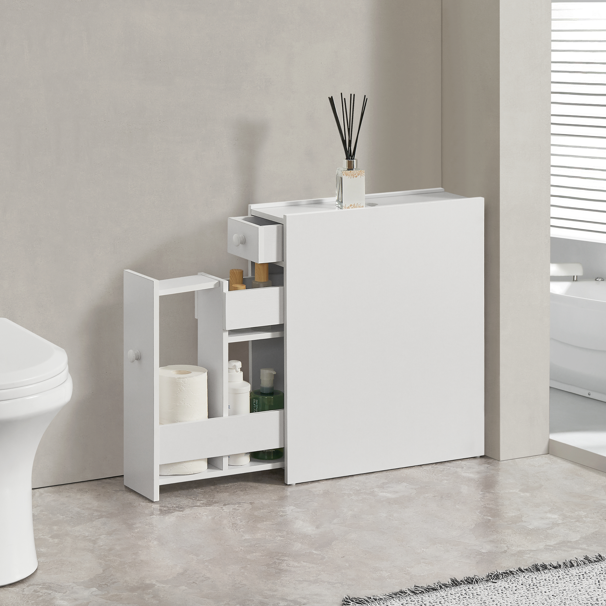 Image of Mobile Salvaspazio Kihniö da Terra con Cassetti e Scomparti Estraibili per Bagno Cucina - Bianco [en.casa]
