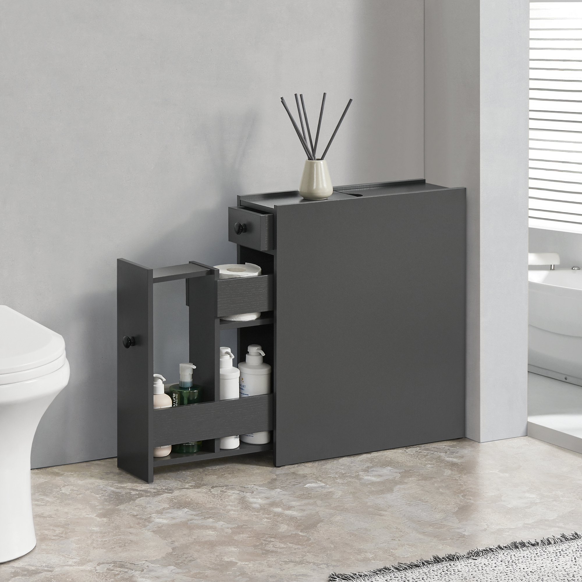 Image of Mobile Salvaspazio Kihniö da Terra con Cassetti e Scomparti Estraibili per Bagno Cucina - Grigio Scuro [en.casa]
