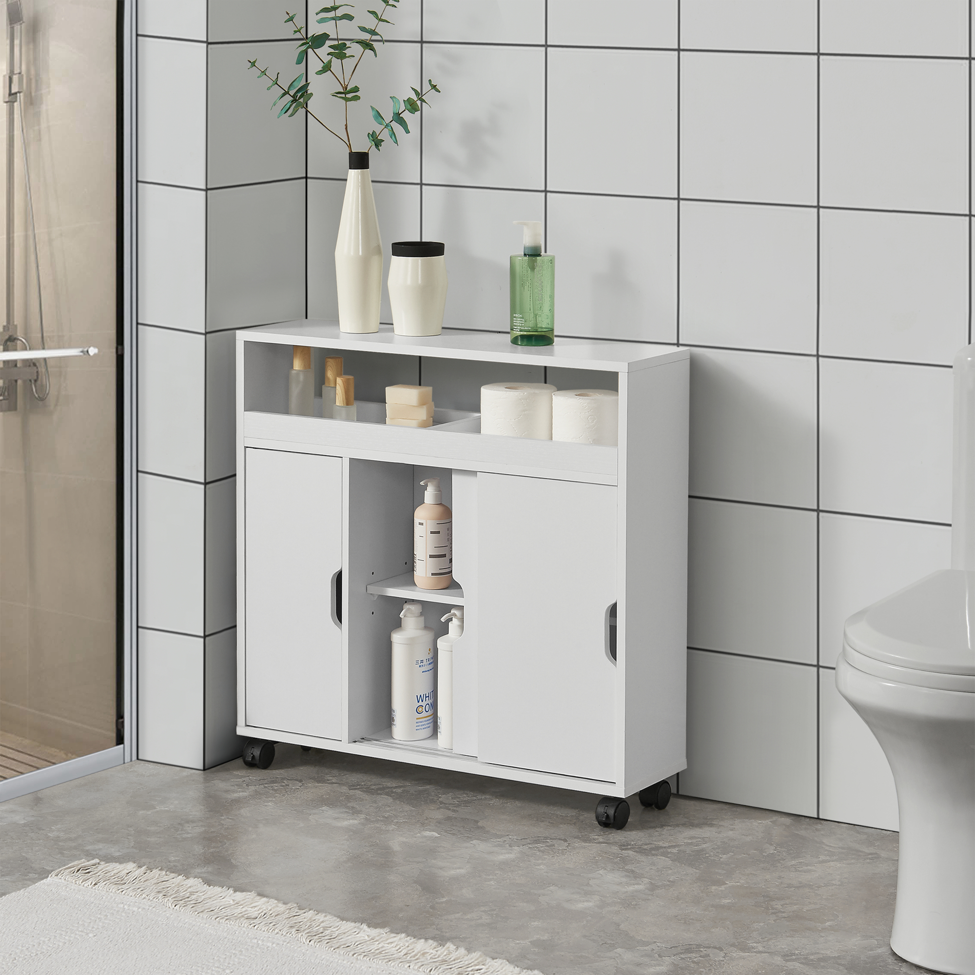 Mobile da Terra Lumijoki con Ante Scorrevoli e 4 Ruote 71x70x20 cm - Bianco [en.casa]