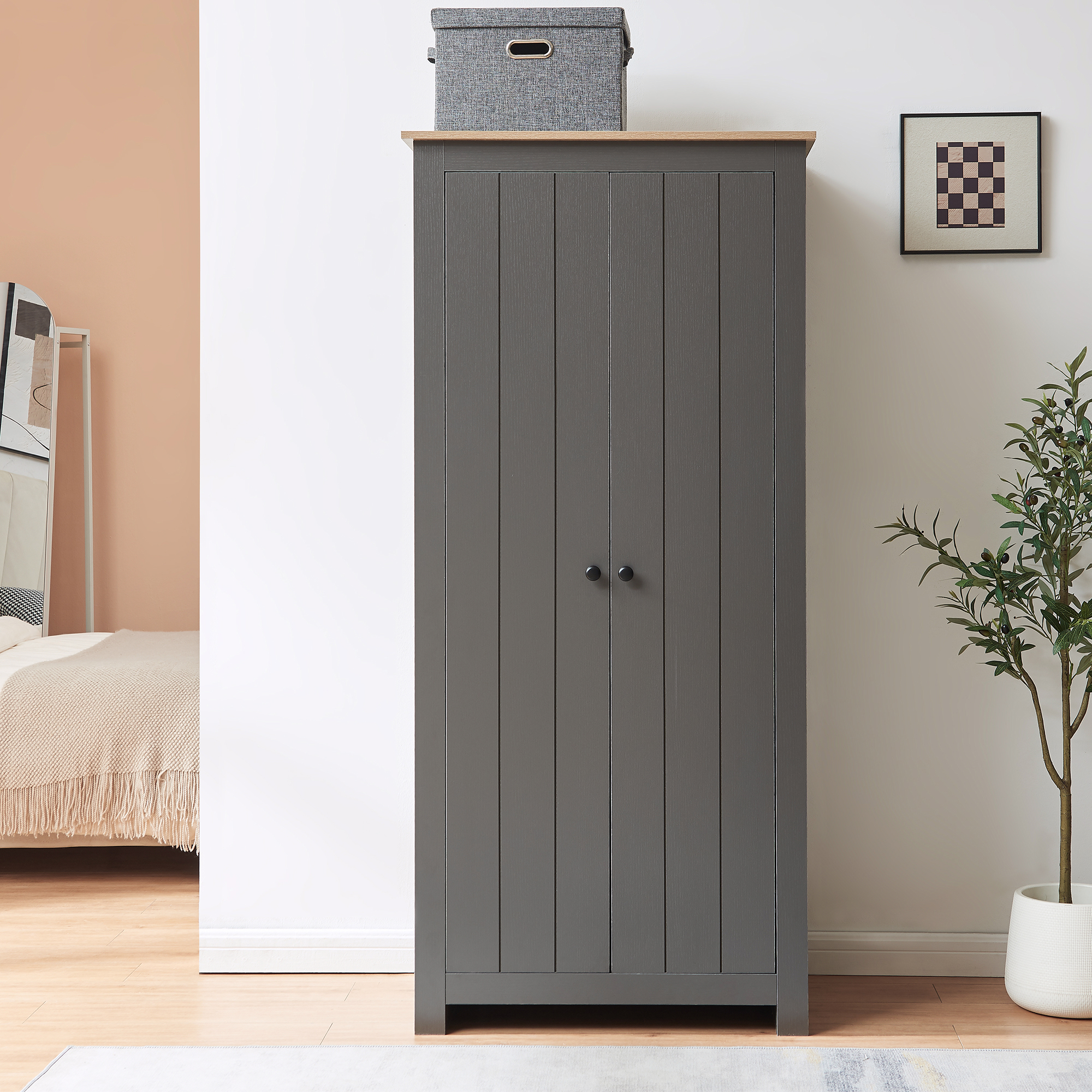 Armadio Per Guardaroba Trorjam Con Barra Appendiabiti E Scomparti 175 X 80 X 52 Cm - Grigio/Effetto Rovere [En.Casa]