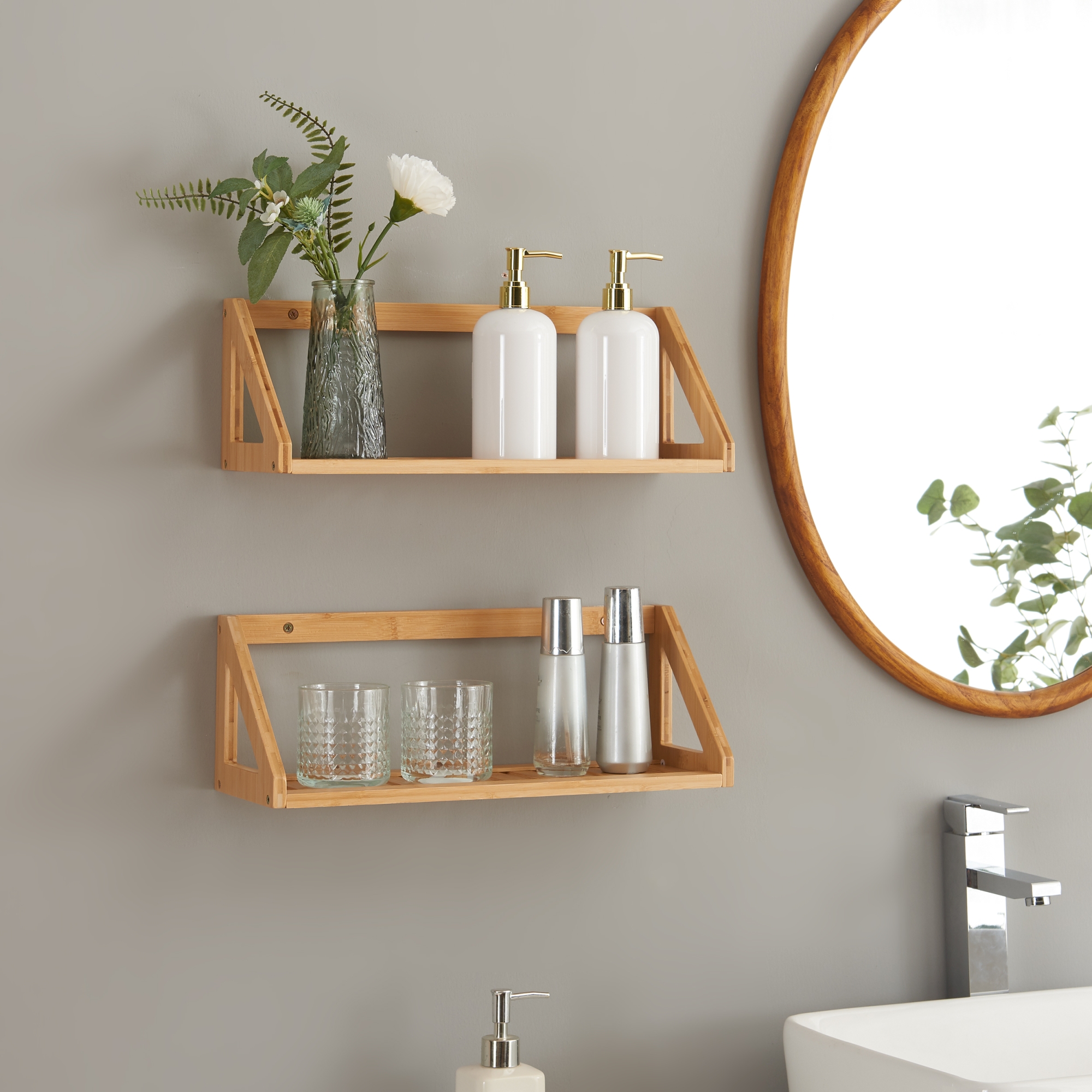Set Gjerdrum di 2 Mensole da Muro con Piani a Doghe - Bambù Naturale [en.casa]