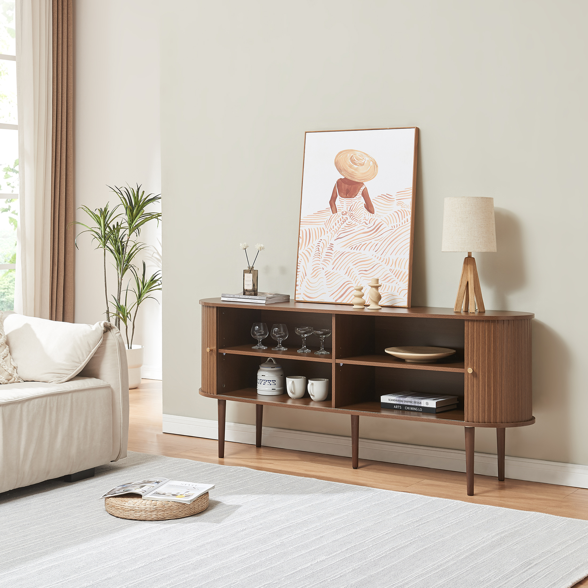 Mobile Contenitore Mapia Con Ante Scorrevoli Credenza Bassa Madia 166X40X70 Cm Effetto Noce [En.Casa]