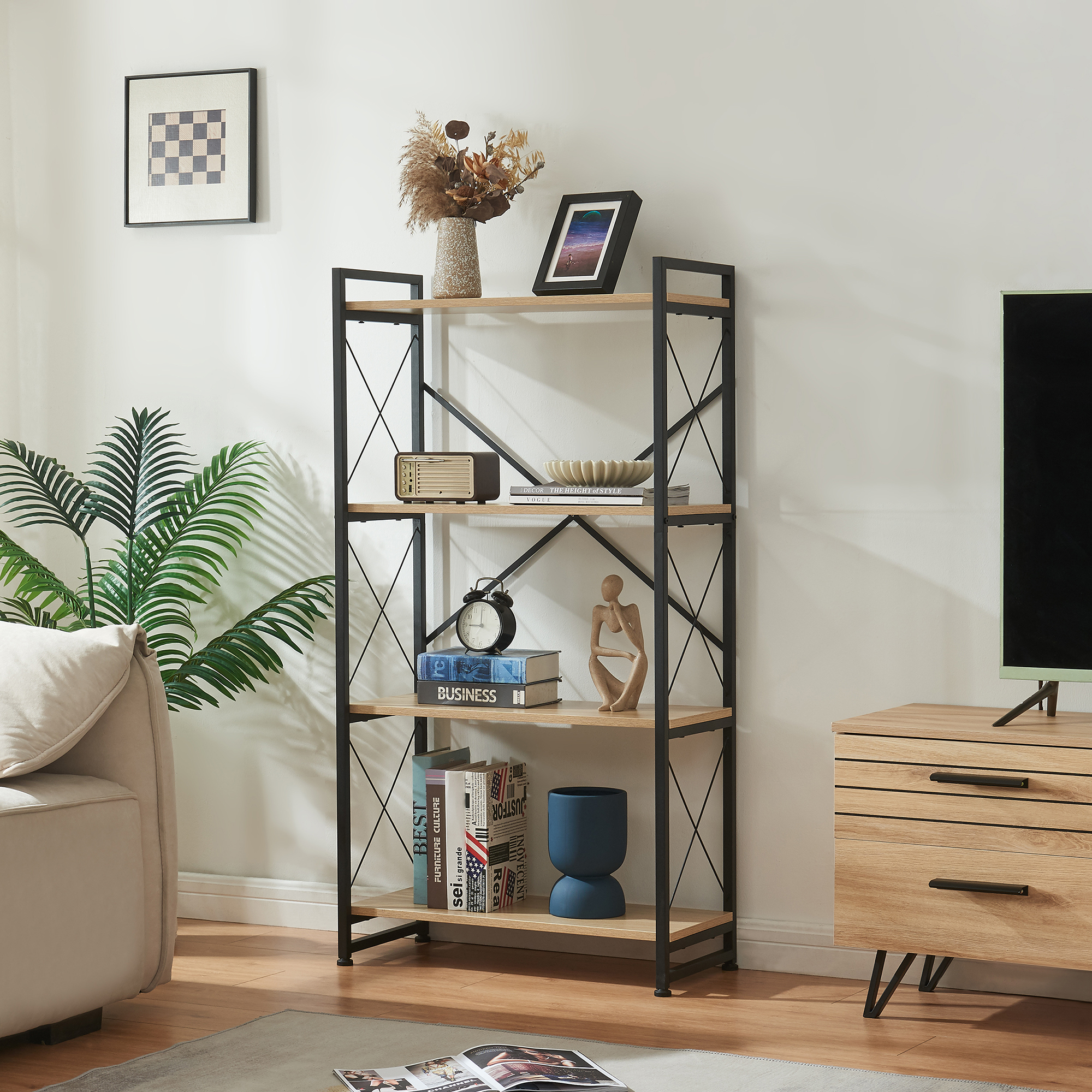 Libreria Skørping a 4 Ripiani Scaffale da Terra 125 x 65 x 30 cm - Nero / Effetto Rovere [en.casa]