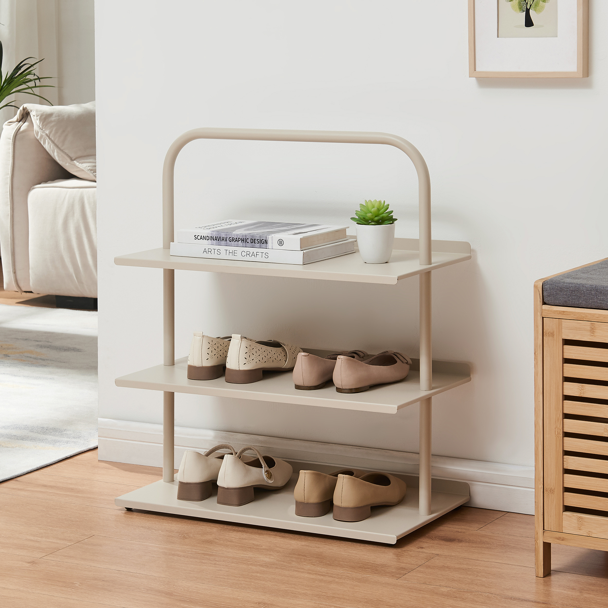 Scaffale Portascarpe Poytya Scarpiera a 3 Livelli 73 x 60 x 32 cm - Color Champagne [en.casa]