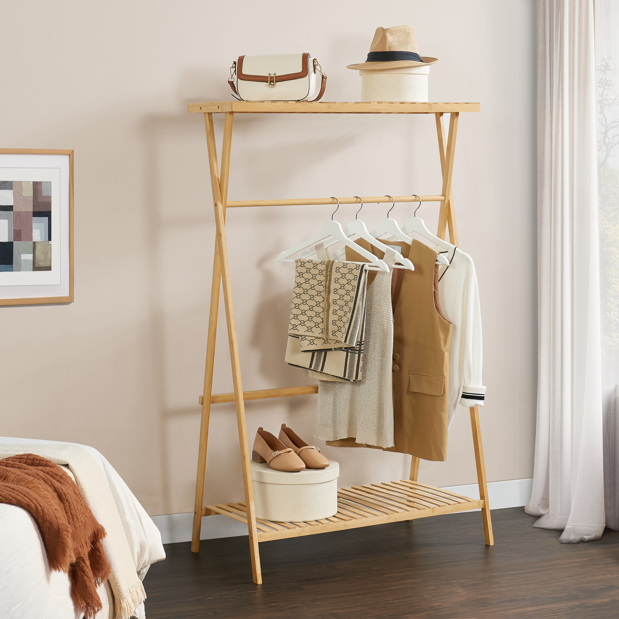 Image of Stand Appendiabiti Horten in Bambù 140 x 90 x 45 cm Naturale [en.casa]