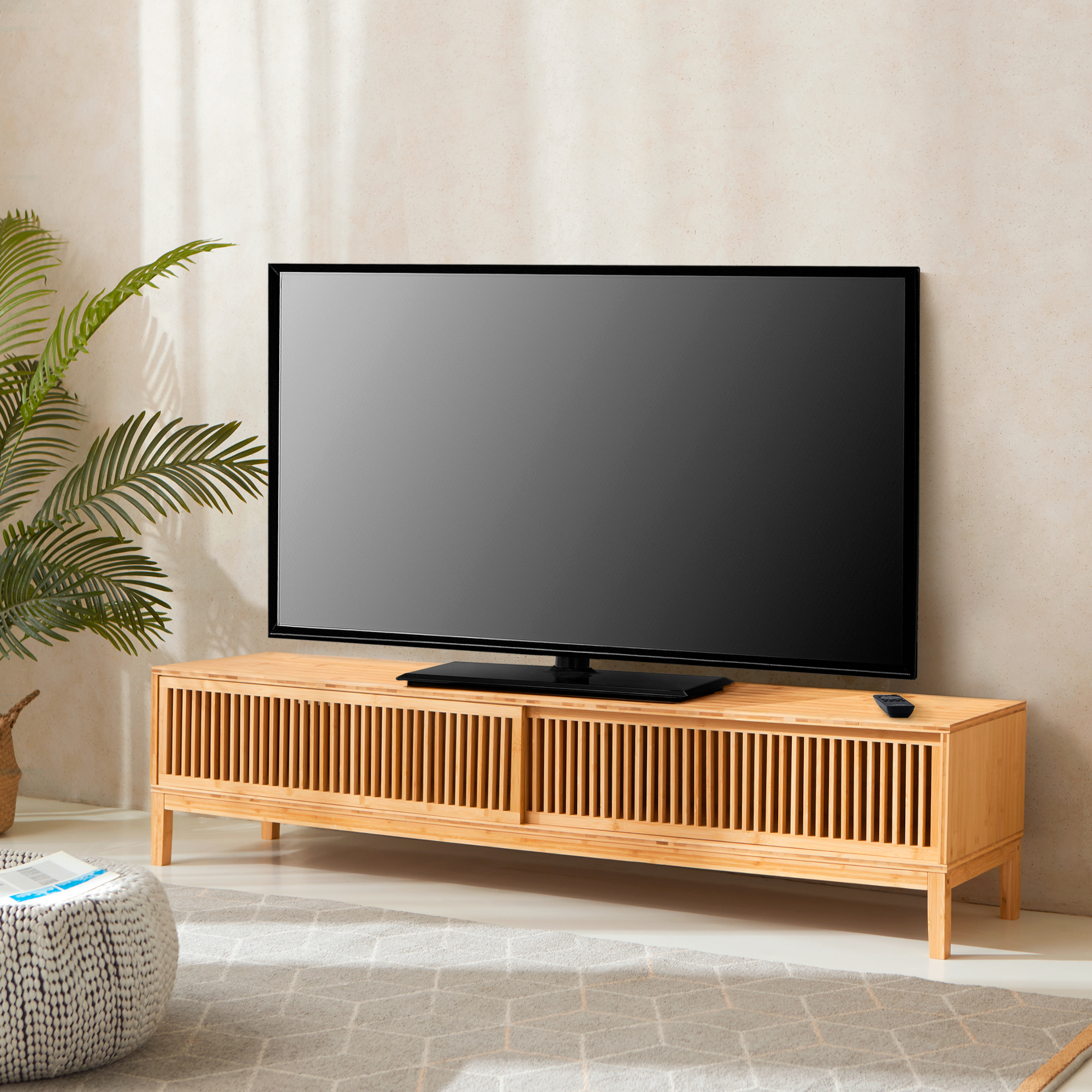 Mobile Porta TV Videbæk in Bambù con 2 Ante Scorrevoli 180 x 40 x 38 cm [en.casa]