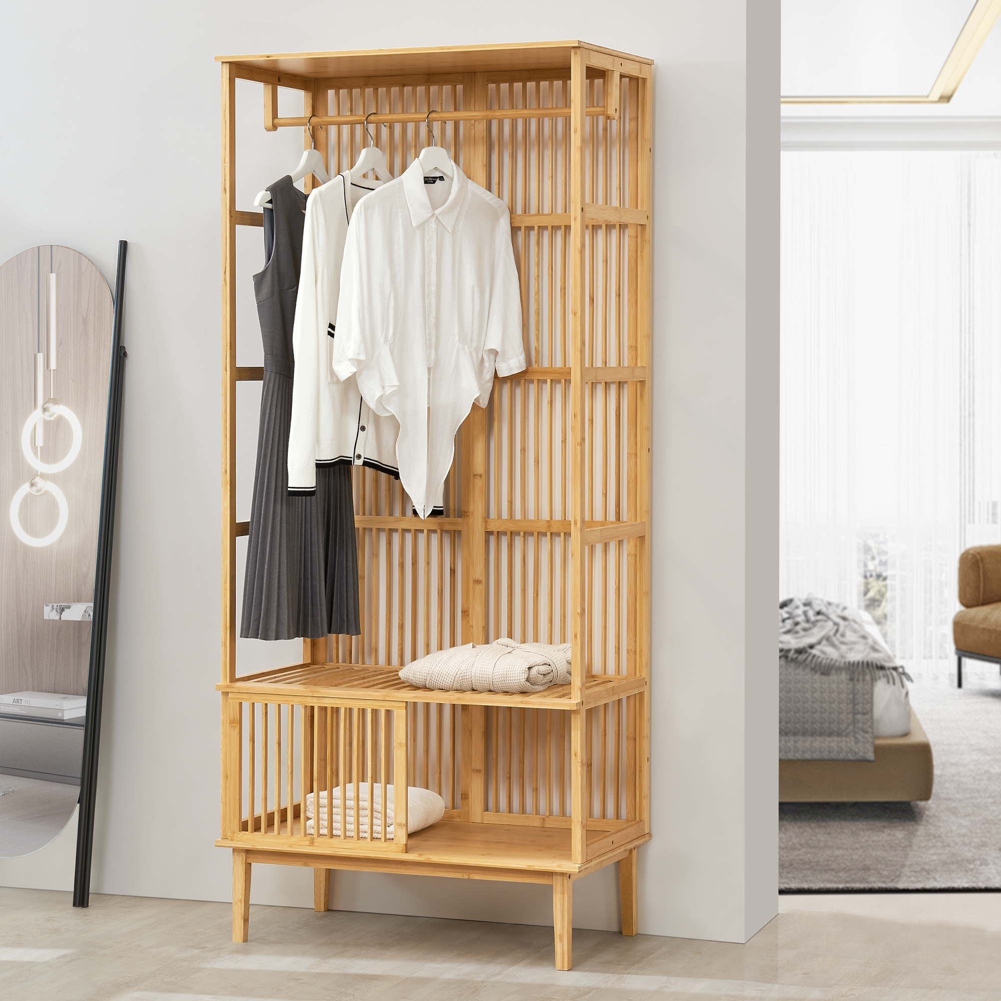 Image of Armadio Aperto Vemb per Guardaroba 185x80x45 cm Porta Abiti in Bambù color Naturale [en.casa]