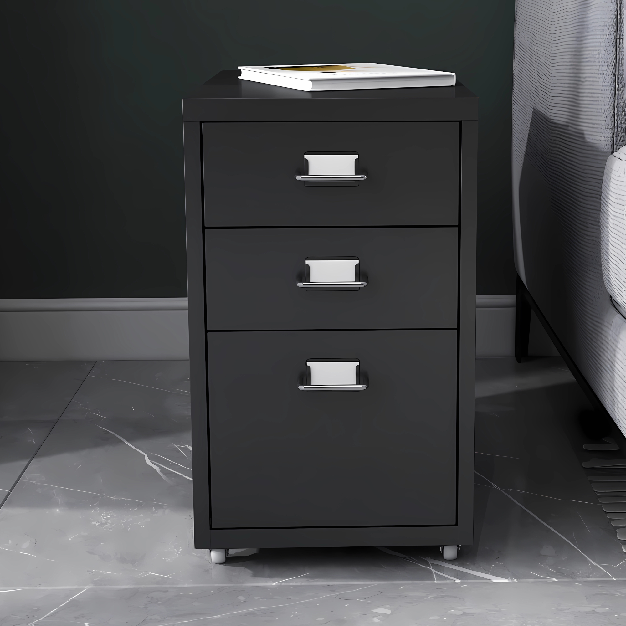 Cassettiera da Ufficio Kökar con Rotelle 48 x 28 x 41 cm Acciaio Nero opaco [en.casa]