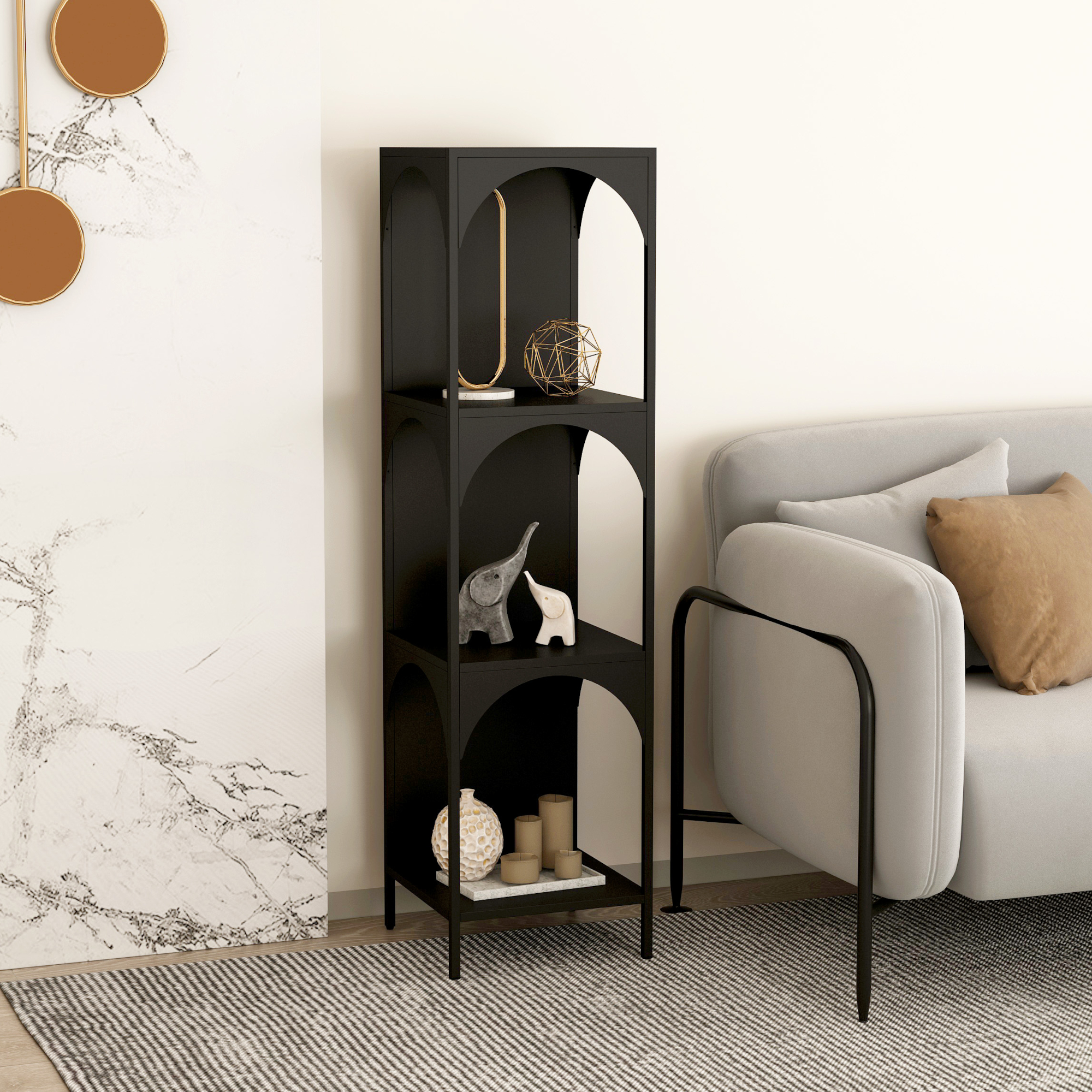 Scaffale Akaa con Scomparti Aperti Arcuati 133 x 35 x 35 cm Nero [en.casa]