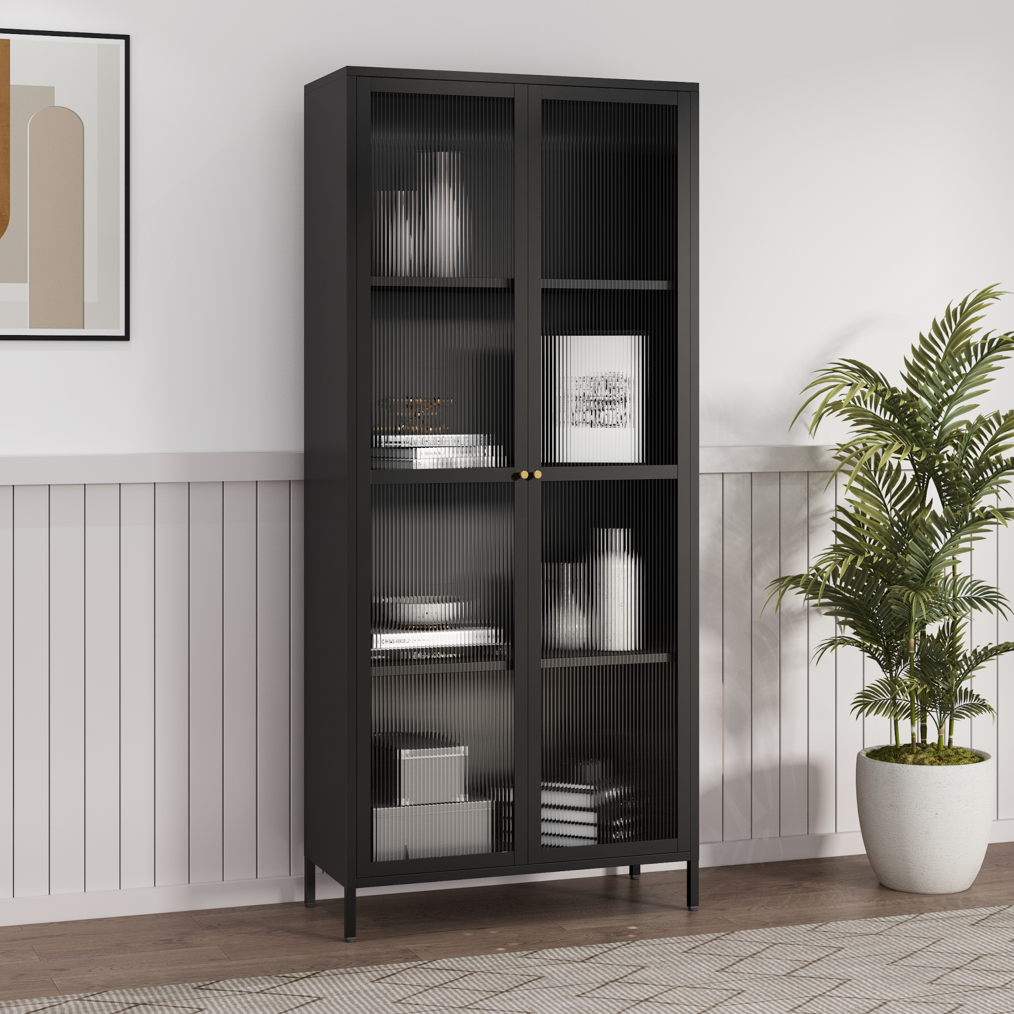 Armadio a Vetrata Säkylä con 4 Scomparti 180 x 80 x 35 cm Acciaio Nero [en.casa]