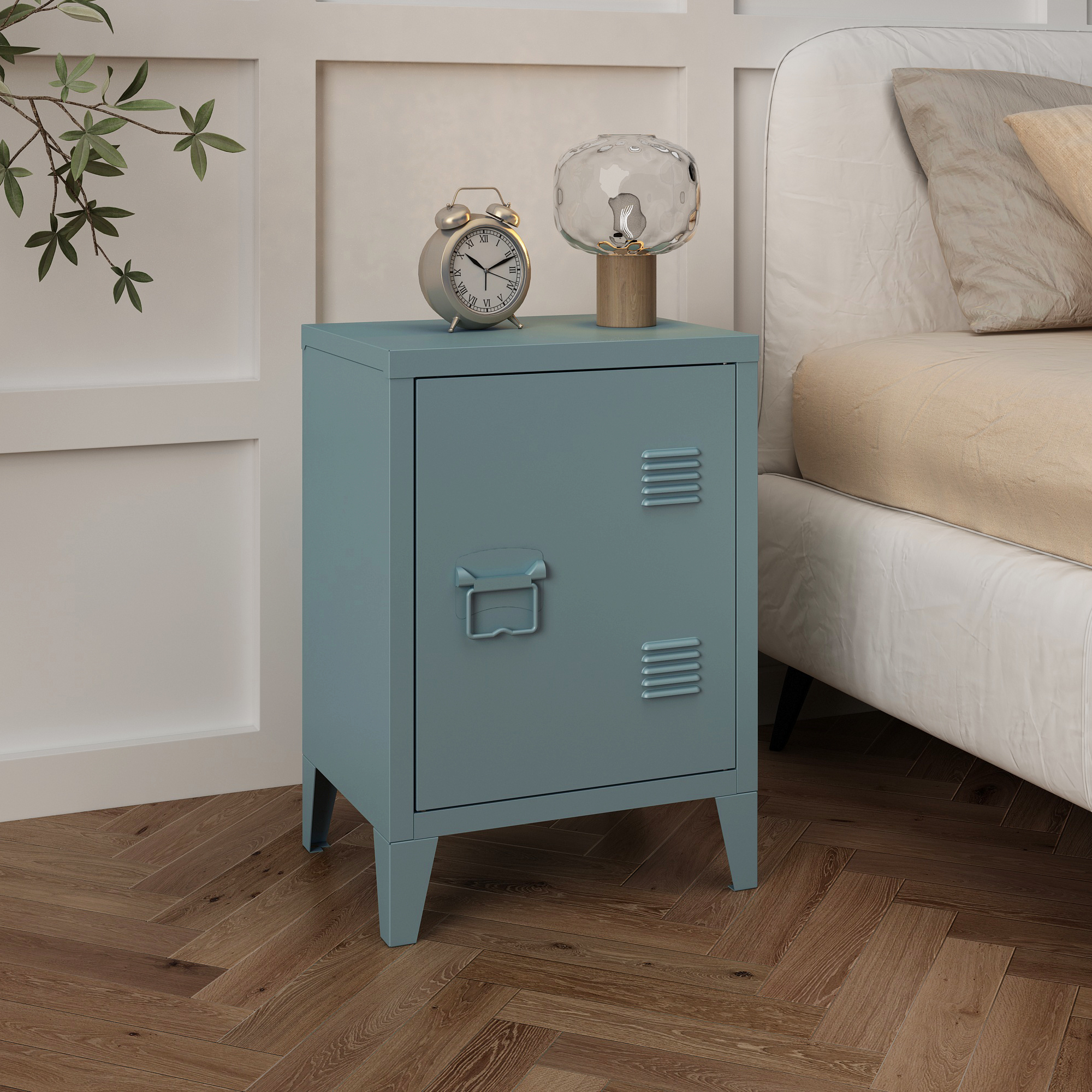 Comodino 'Inari' in Acciaio con Anta - Blu Grigiastro [en.casa]