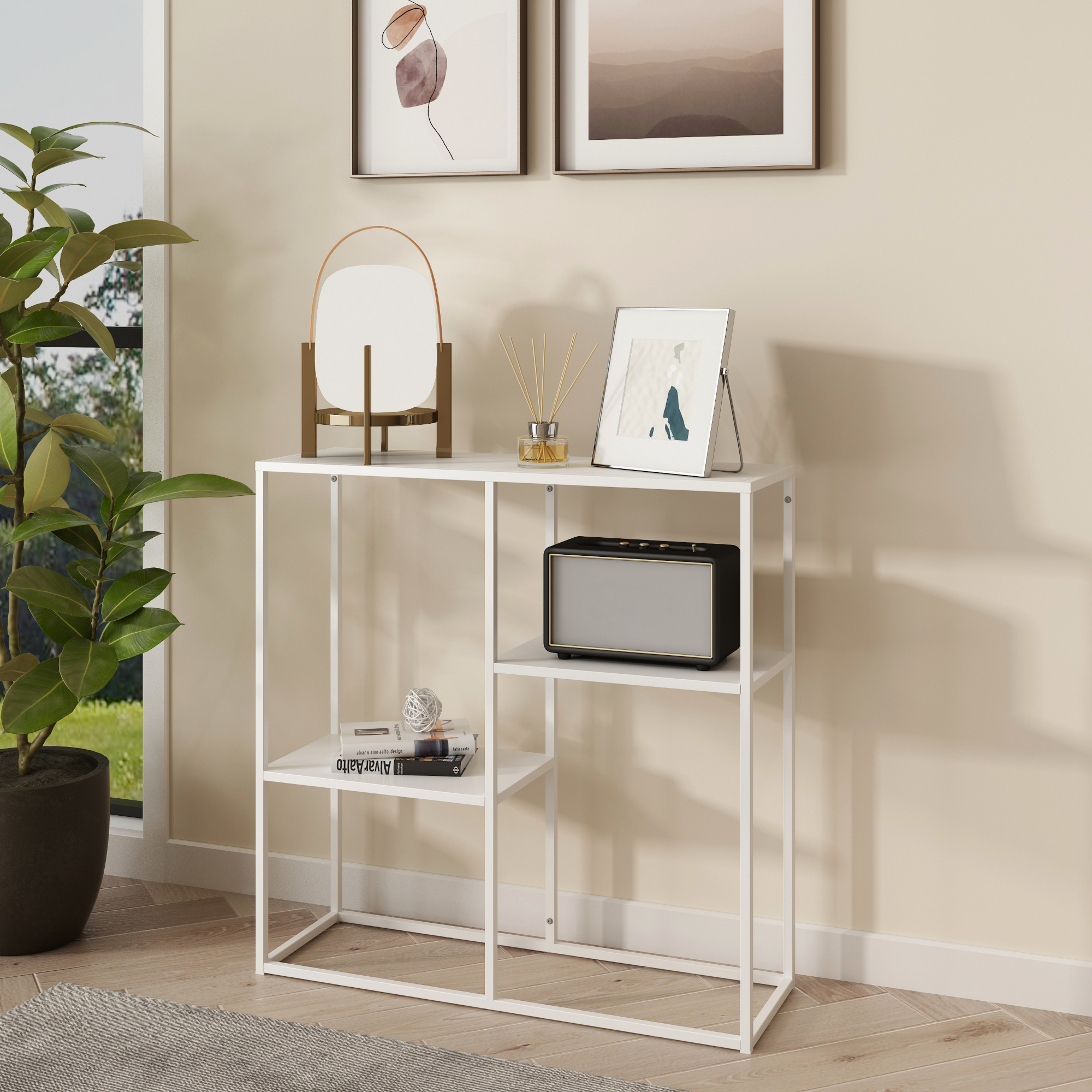 Image of Tavolo a Consolle Strömstad Scaffale da Terra Espositore 80x80x26 cm Acciaio Bianco opaco [en.casa]