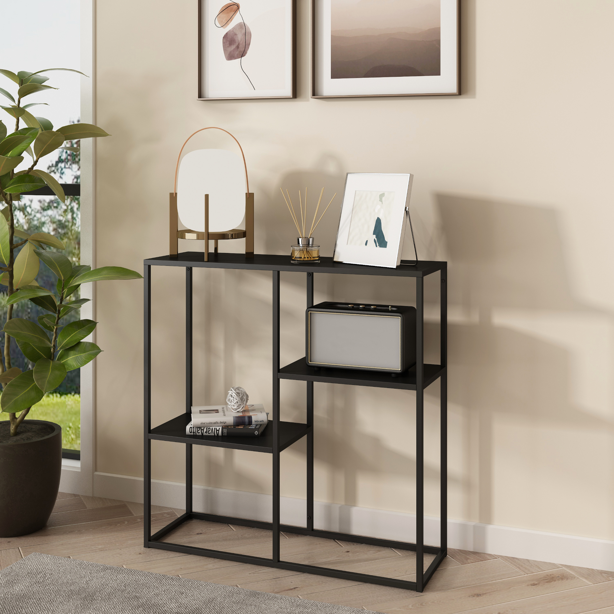 Image of Tavolo a Consolle Strömstad Scaffale da Terra Espositore 80x80x26 cm Acciaio Nero opaco [en.casa]