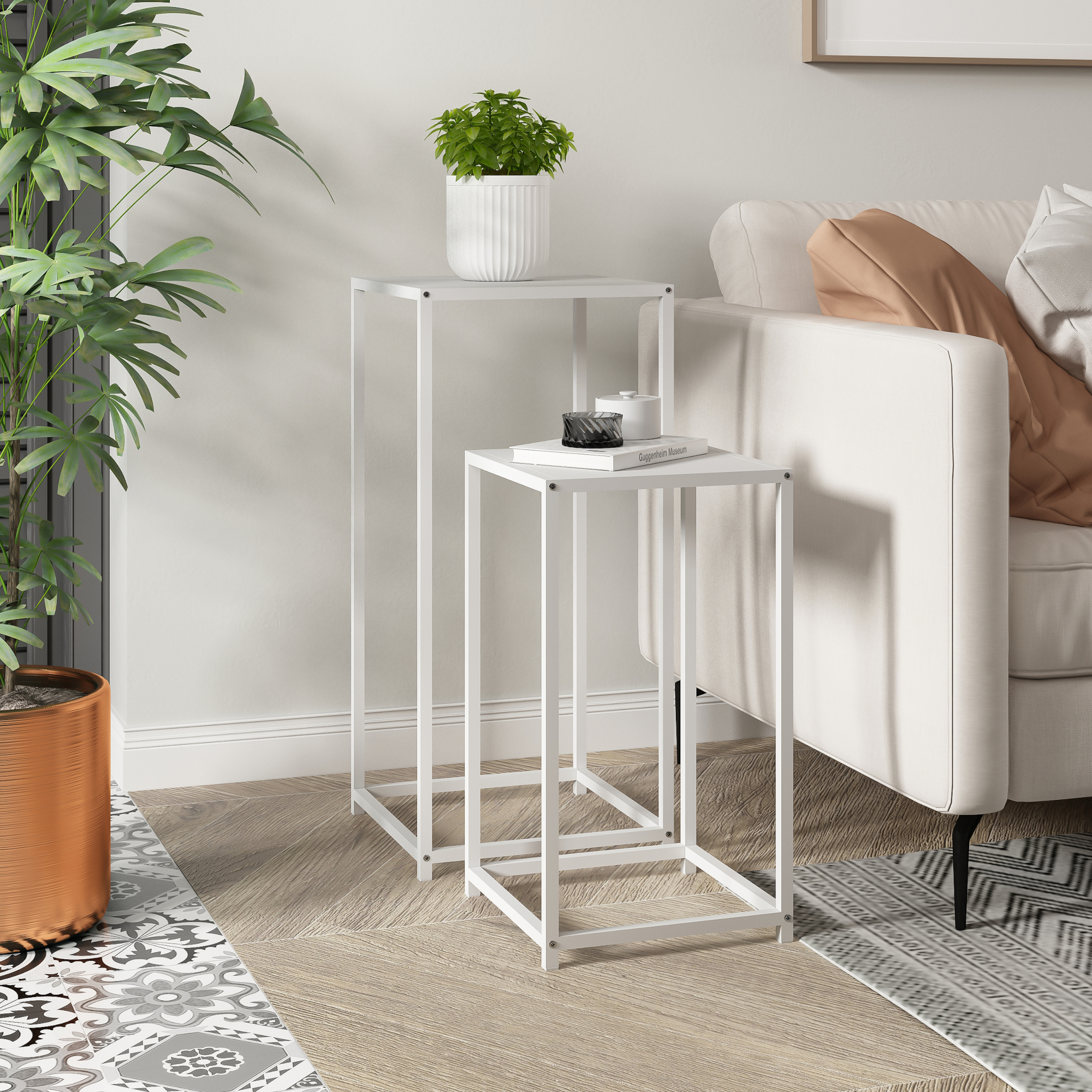 Set Åseral di 2 Tavolini a Colonna in Altezze Diverse - Bianco [en.casa]